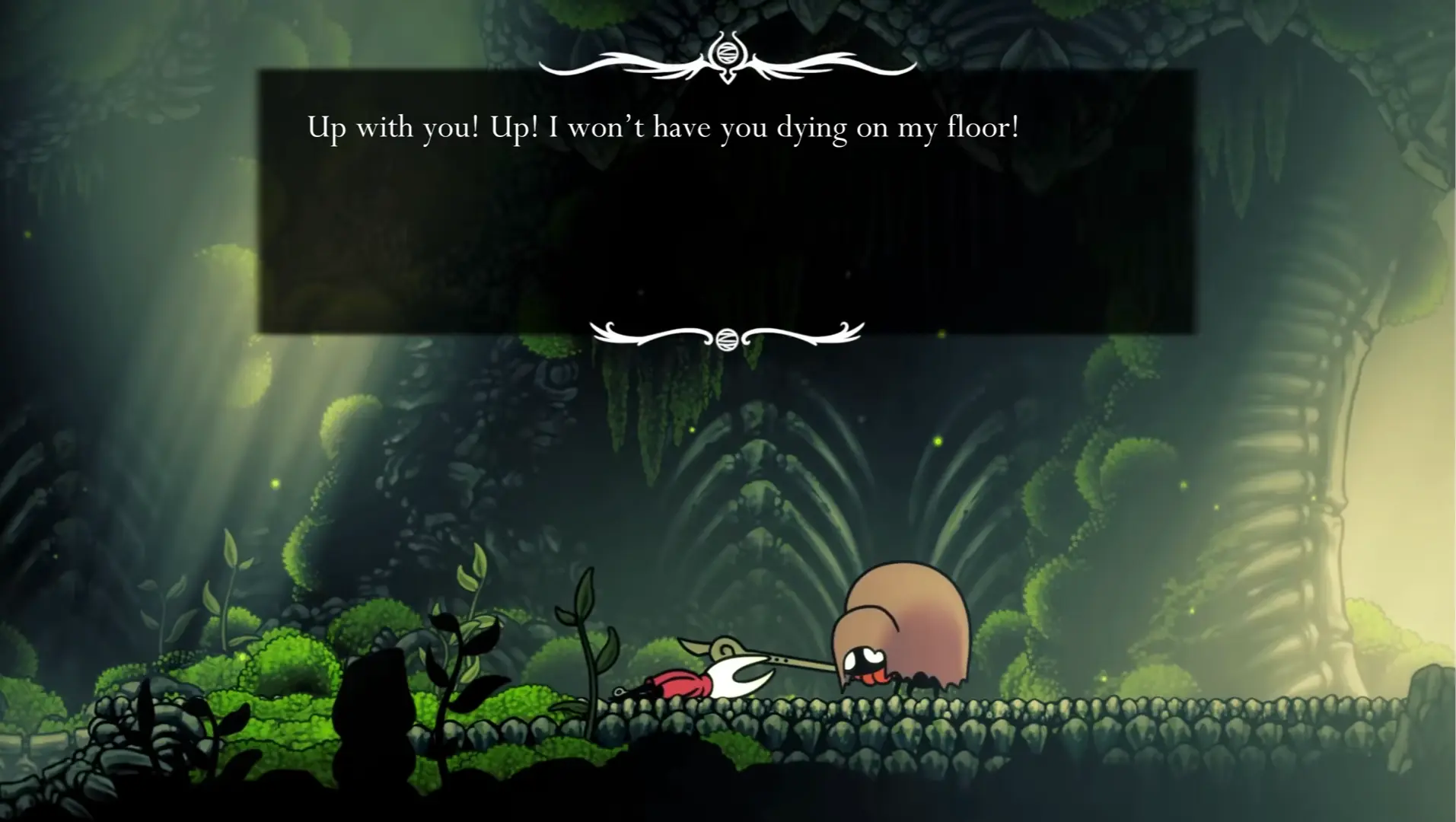 Hornet interacting with one of the many new, quirky NPCs in a Pharloom town.