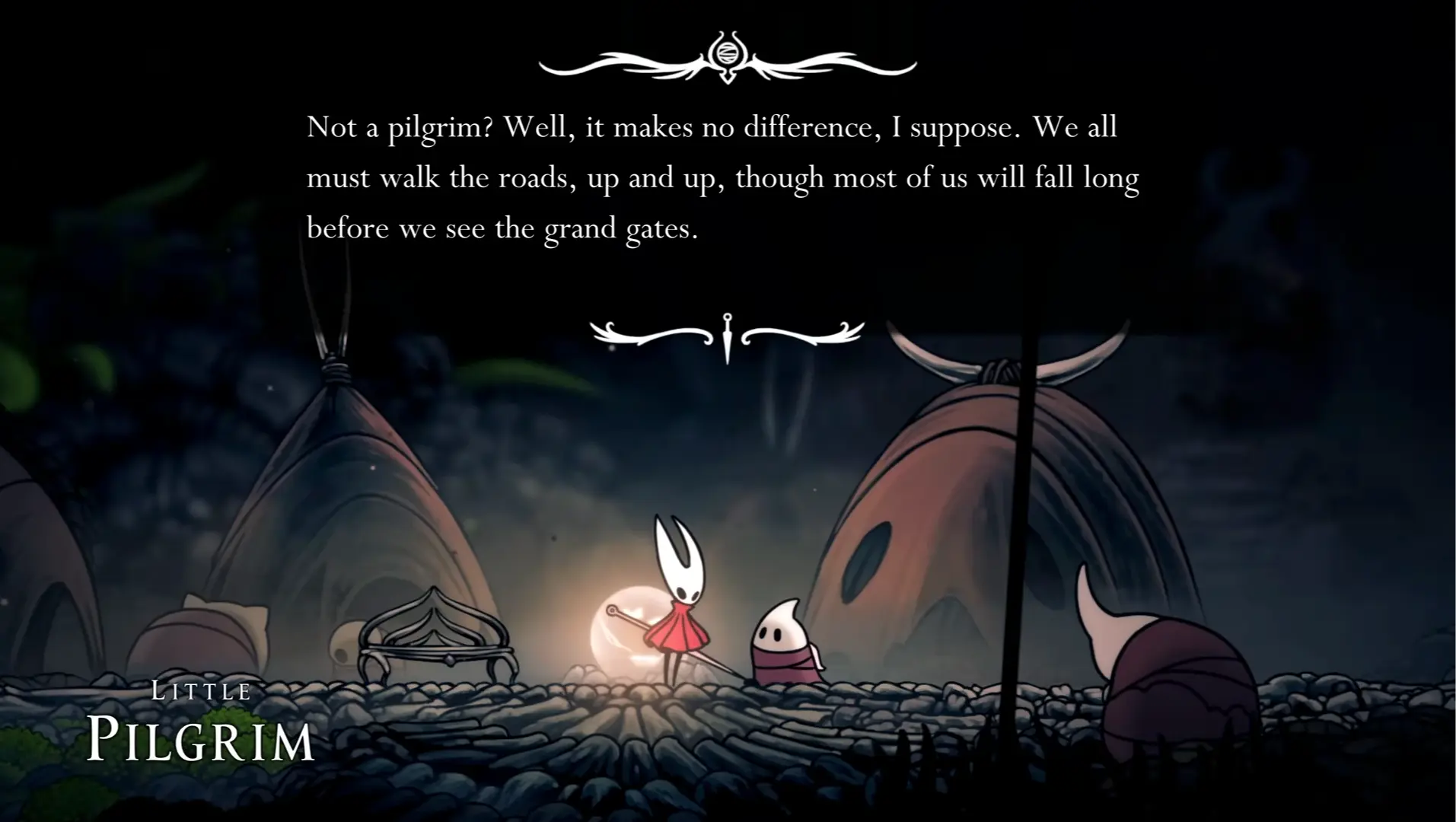 Hornet interacting with one of the many new, quirky NPCs in a Pharloom town.