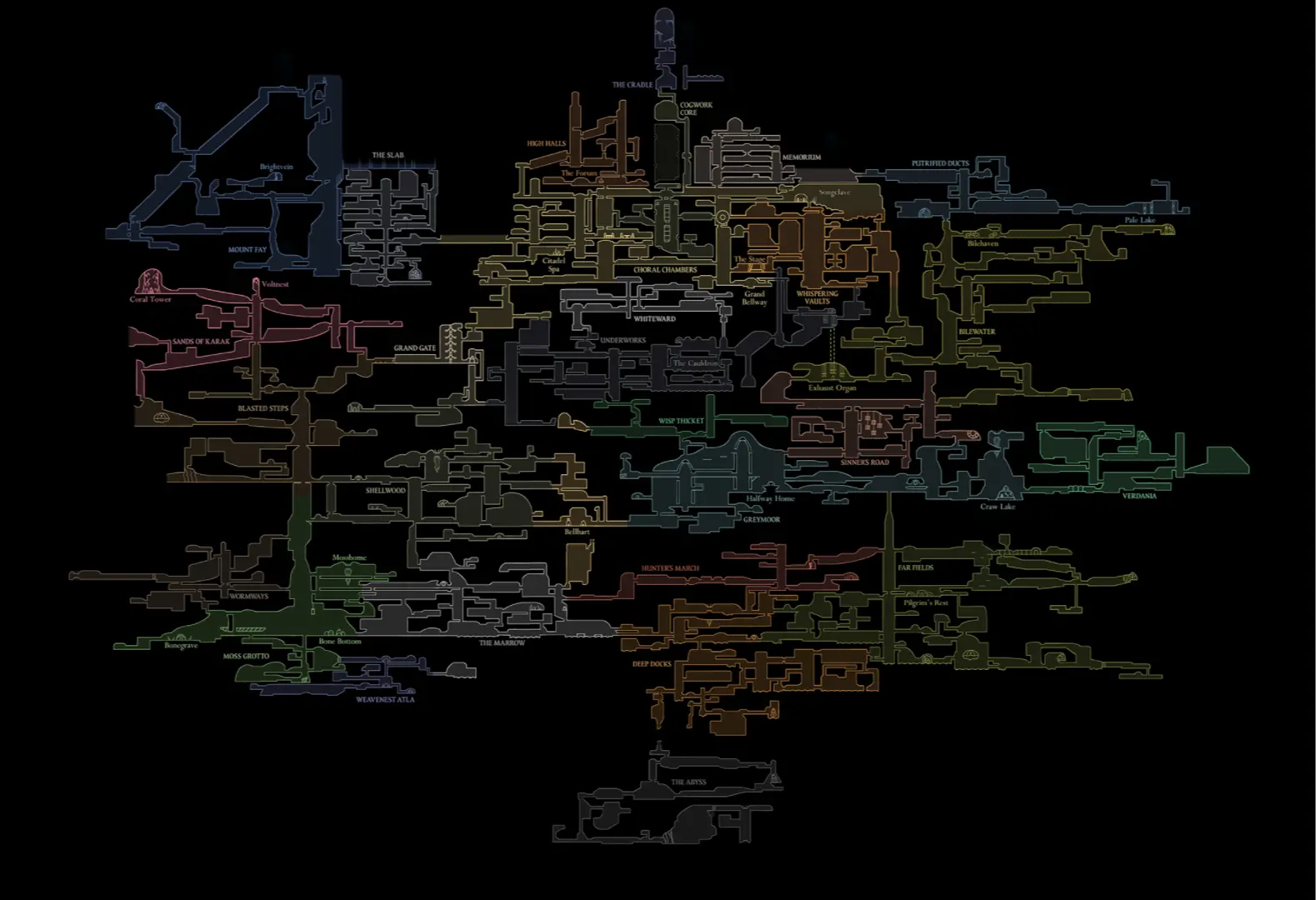 A glimpse of the sprawling, interconnected map of Pharloom in Hollow Knight: Silksong.