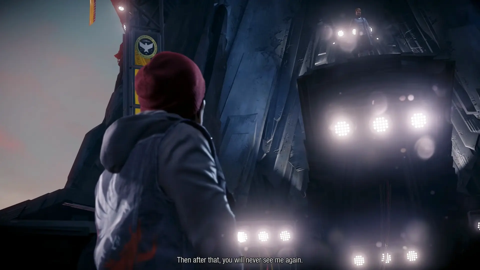 Delsin facing off against Brooke Augustine, her concrete powers forming massive, jagged pillars around the arena.