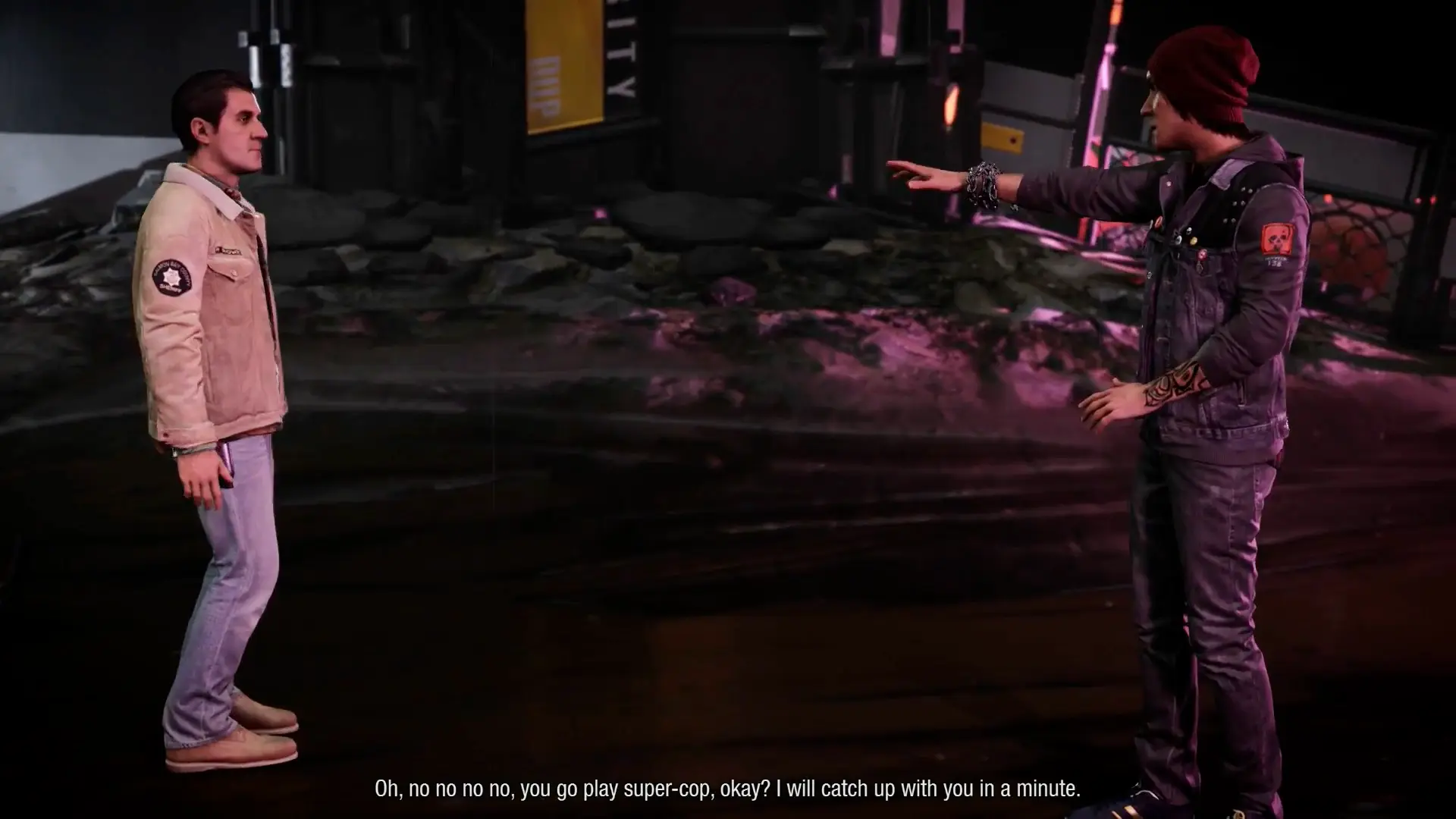 An intimate moment between Delsin and Reggie, showcasing the subtle facial animations and the tension of their brotherhood.