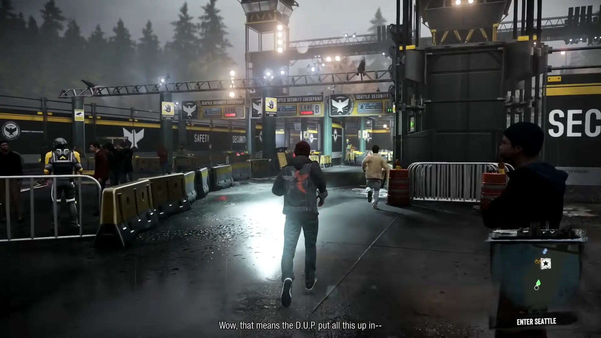 A heavily fortified D.U.P. checkpoint, showing the contrast between the sterile military tech and the vibrant graffiti of the rebels.