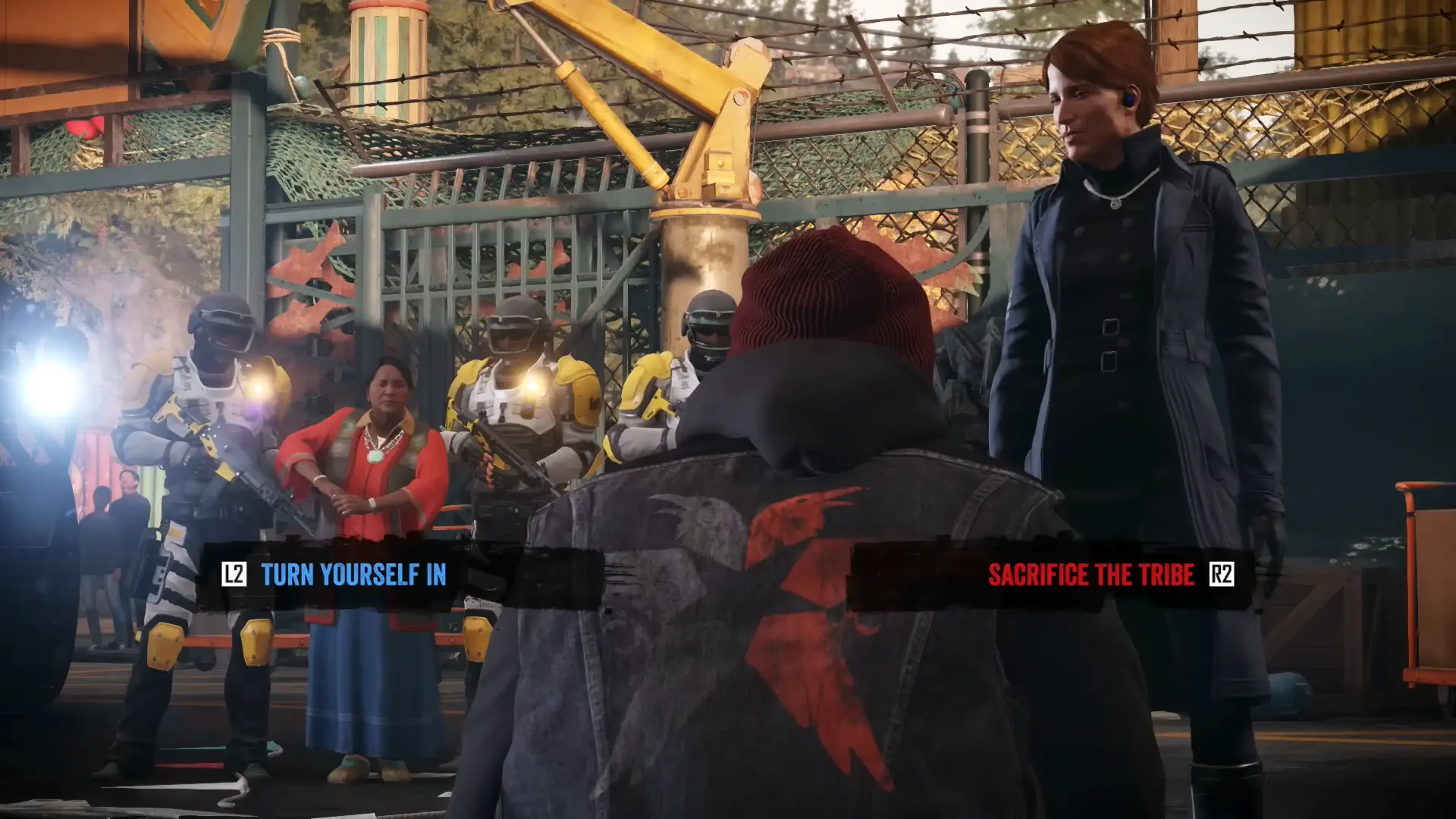 The iconic red and blue karma choice screen, representing the duality of Delsin's path.