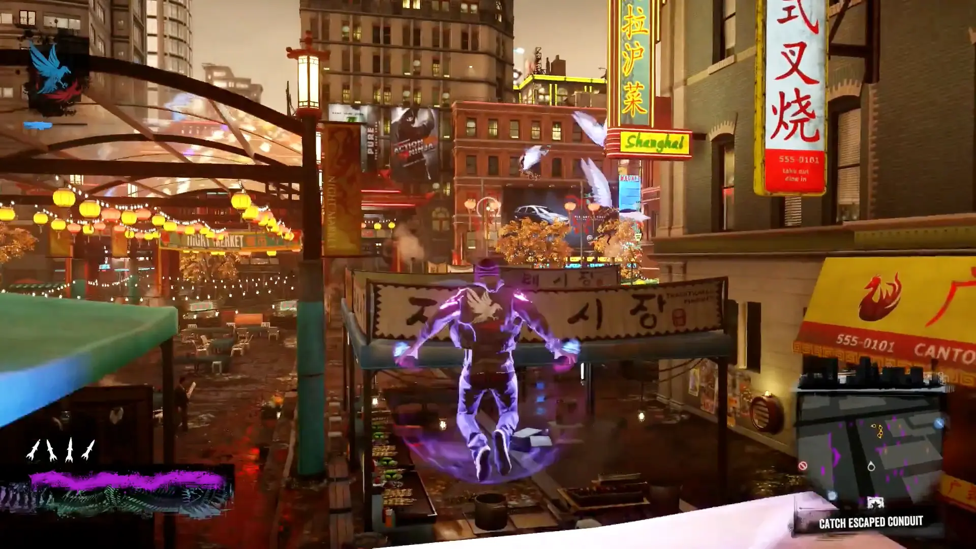 The bustling Pike Place Market area, filled with detail and NPCs reacting to Delsin's presence.