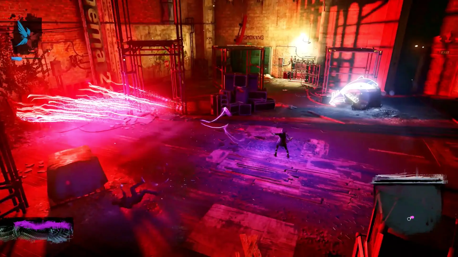 Delsin transformed into a streak of pure neon light, running vertically up the side of a glass skyscraper.