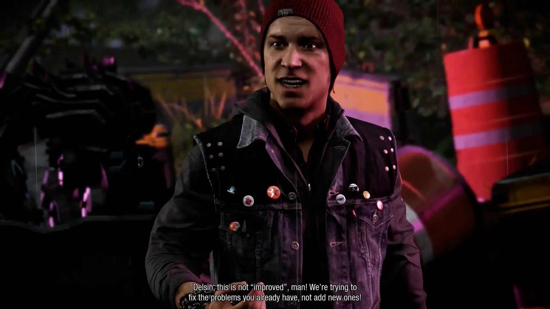 A close-up of Delsin's beanie and jacket, showing the realistic texture of the fabric and the beads of rainwater clinging to it.