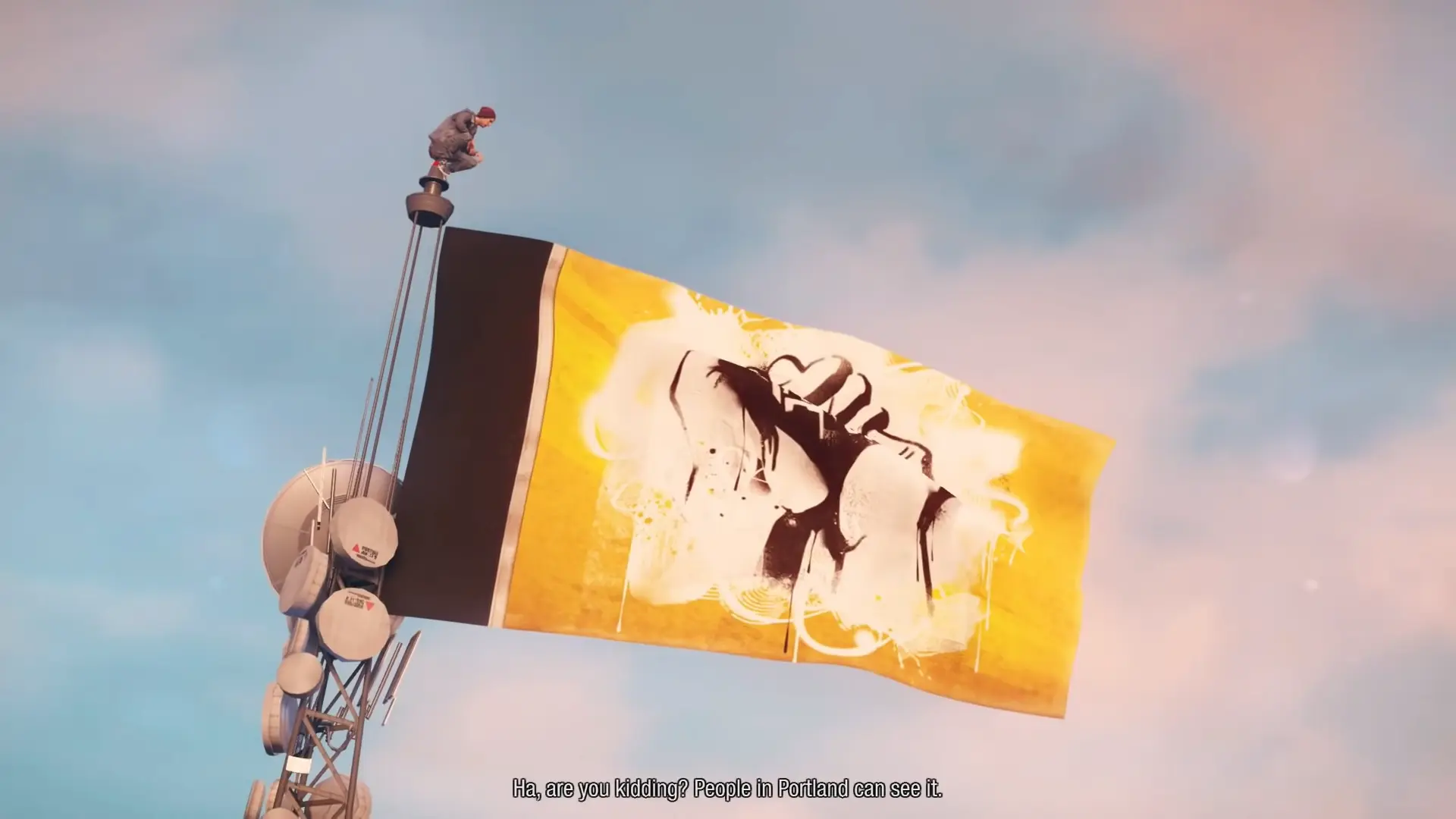 Delsin Rowe standing on a rooftop overlooking a rain-slicked Seattle, his silhouette framed by the glowing Space Needle.