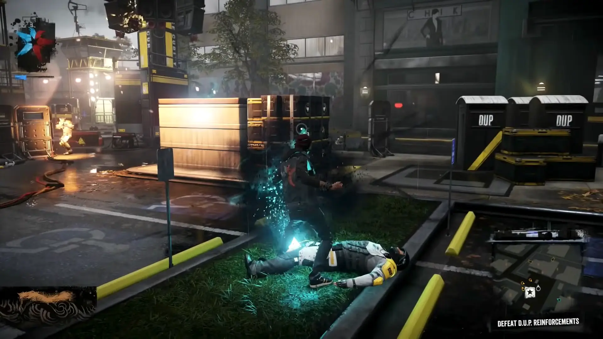 Delsin absorbing smoke from a destroyed D.U.P. vehicle, embers and soot swirling around his hands in high-fidelity detail.