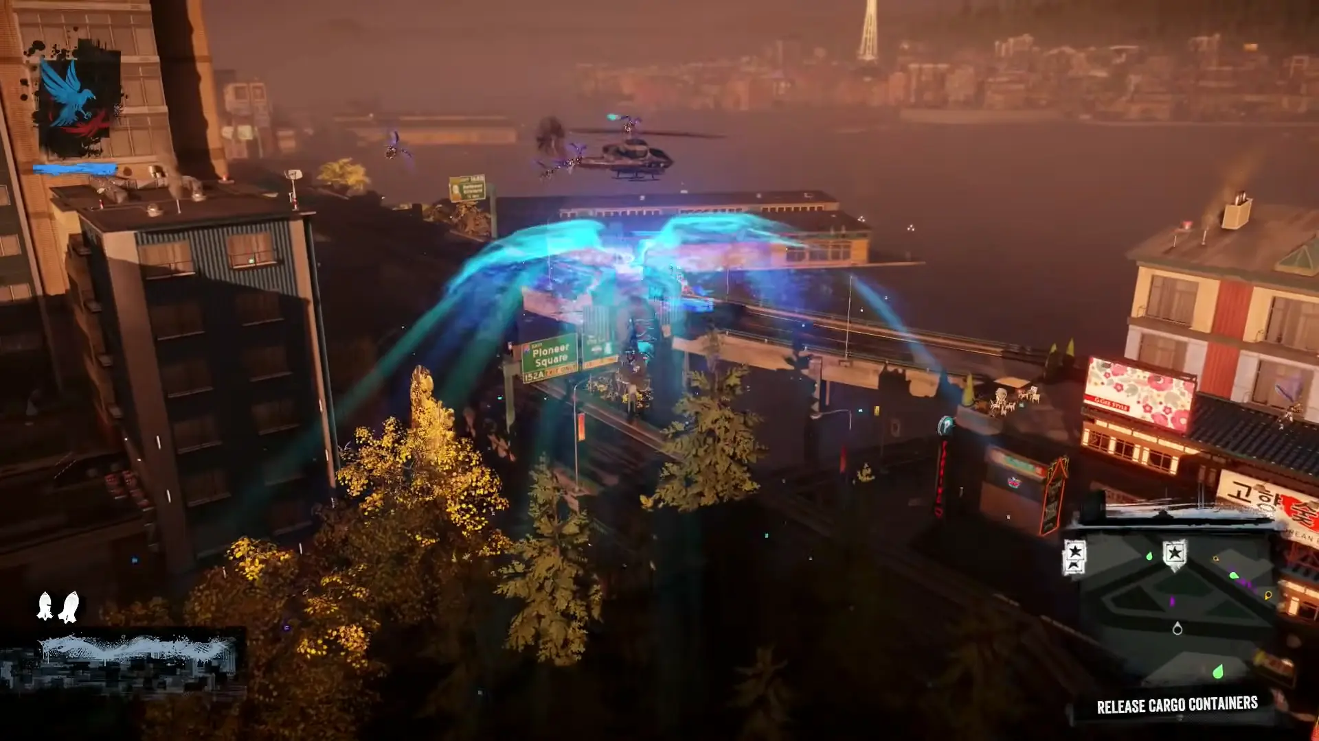 Delsin gliding through the air using digital wings, a swarm of low-poly blades trailing behind him.