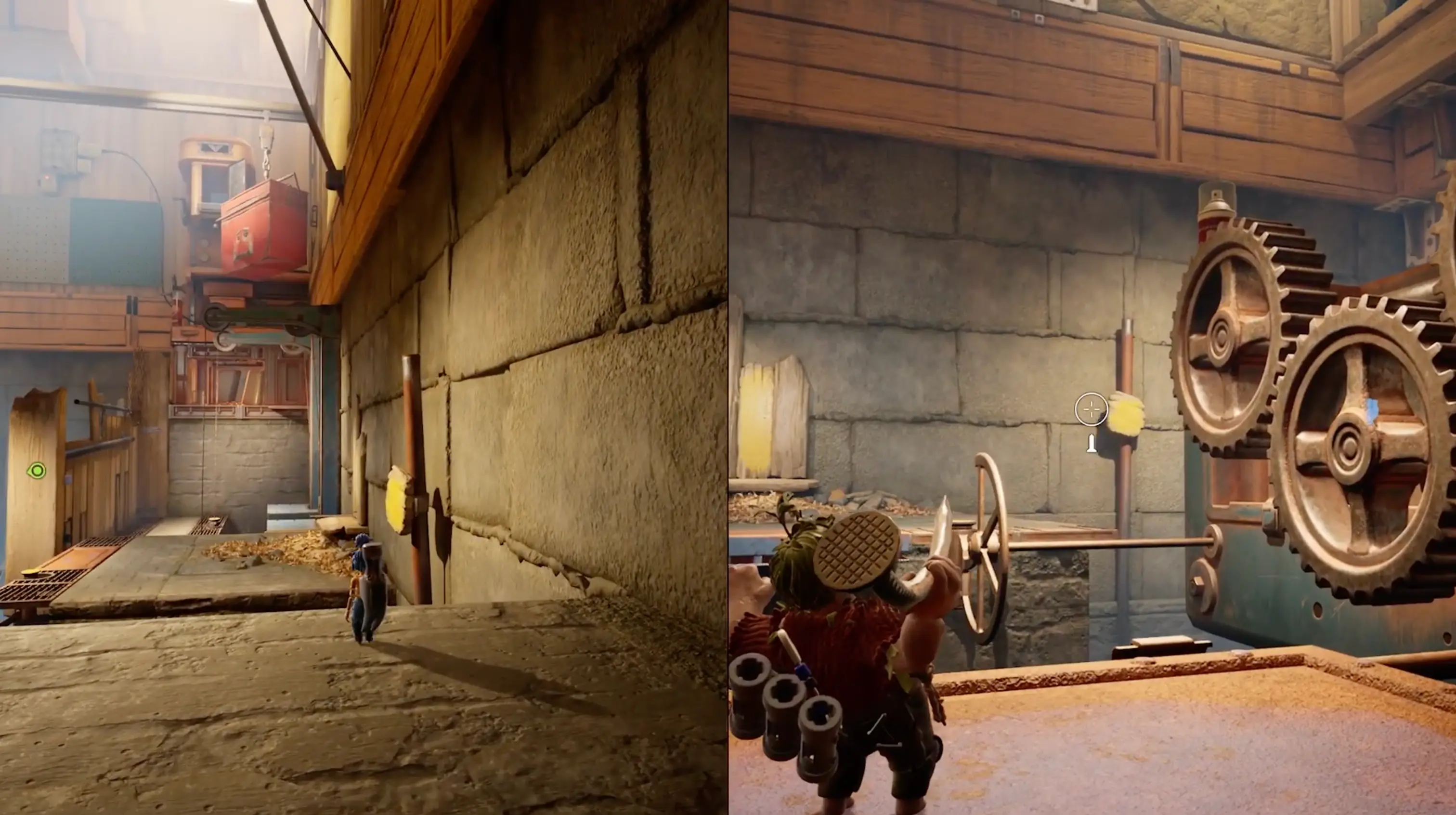 May swinging from a nail precisely thrown by Cody into a wooden board, showcasing the asymmetrical tool mechanics.