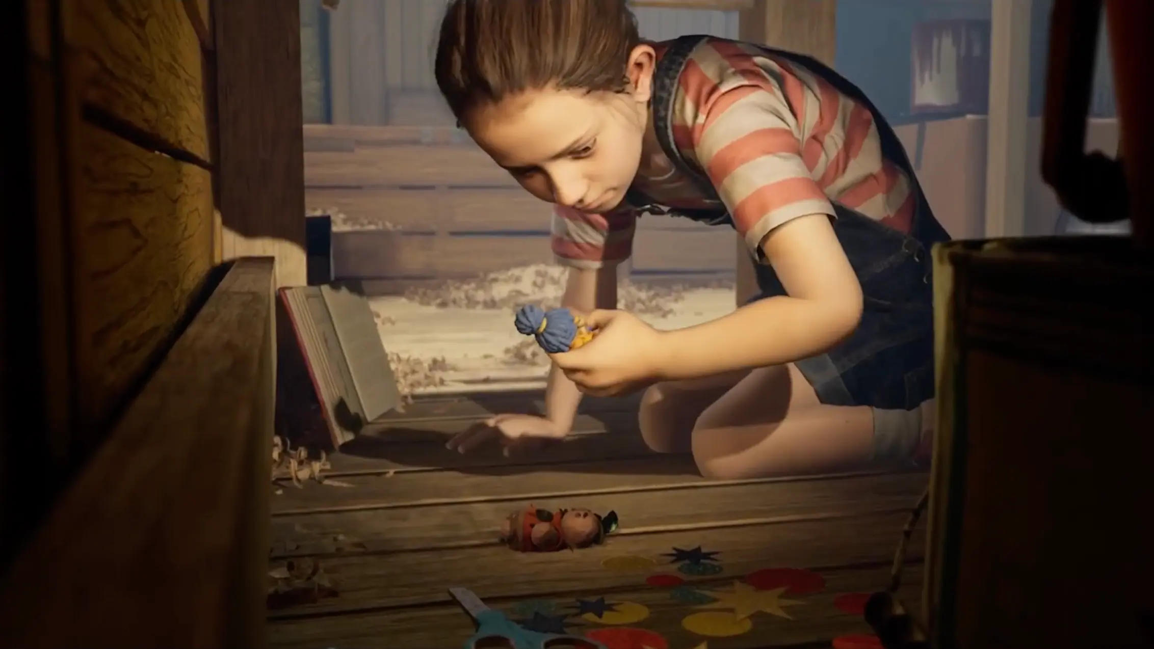 A poignant cutscene showing Rose looking sadly at the torn pieces of her parents' relationship, clutching toys for comfort.