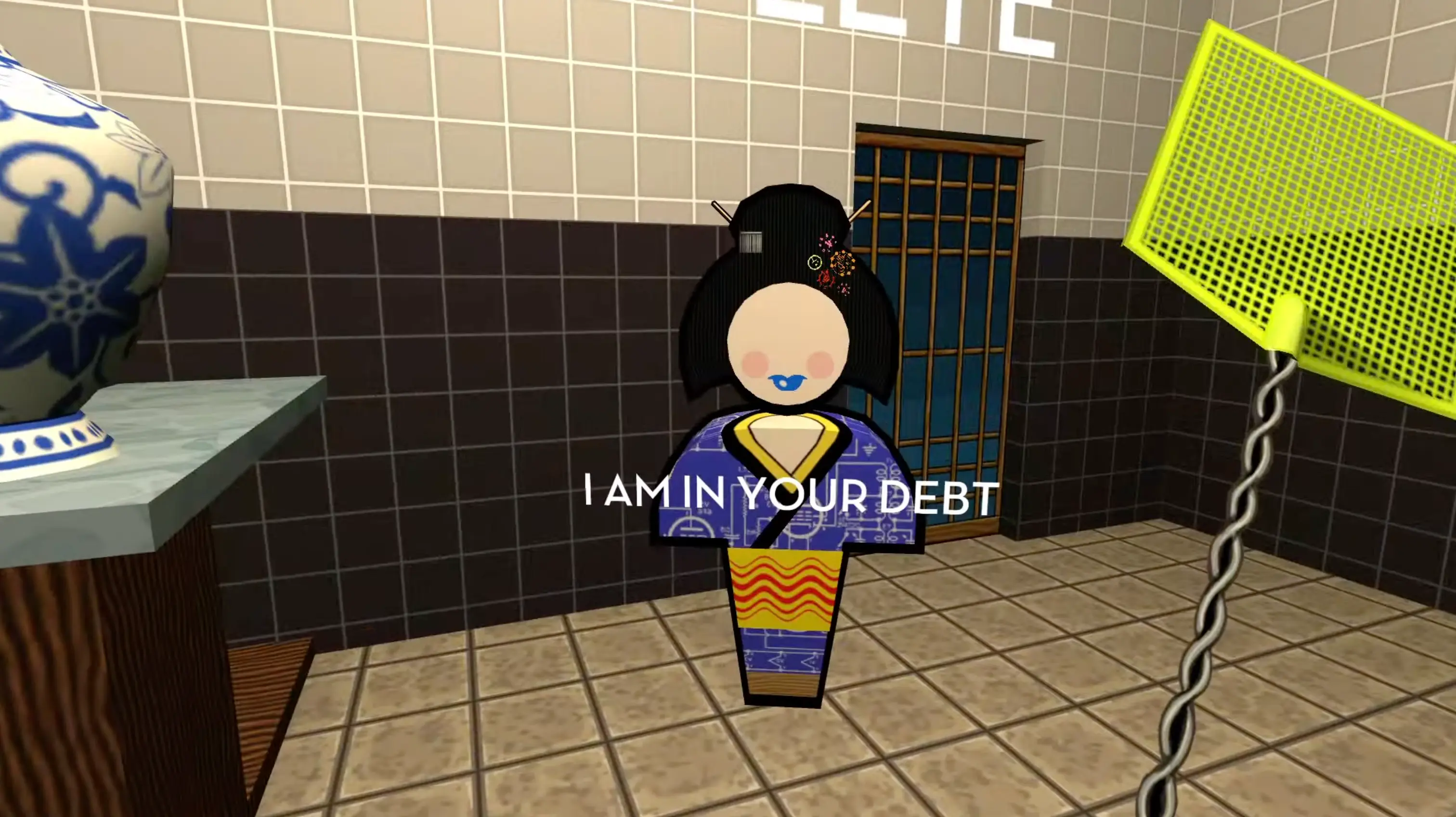 A first-person view of Polyblank holding a green plastic flyswatter, ready to smack an unsuspecting robotic citizen.