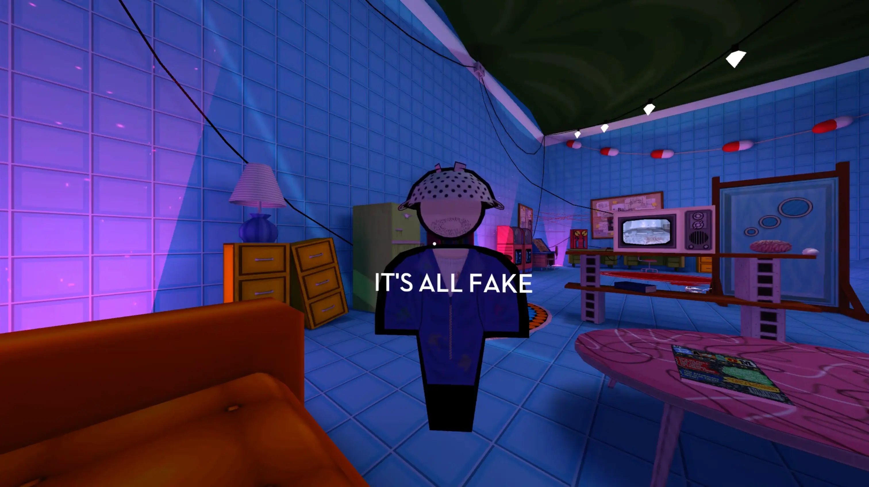 A smoky, atmospheric jazz club location, featuring angular, low-poly musicians playing glowing instruments.