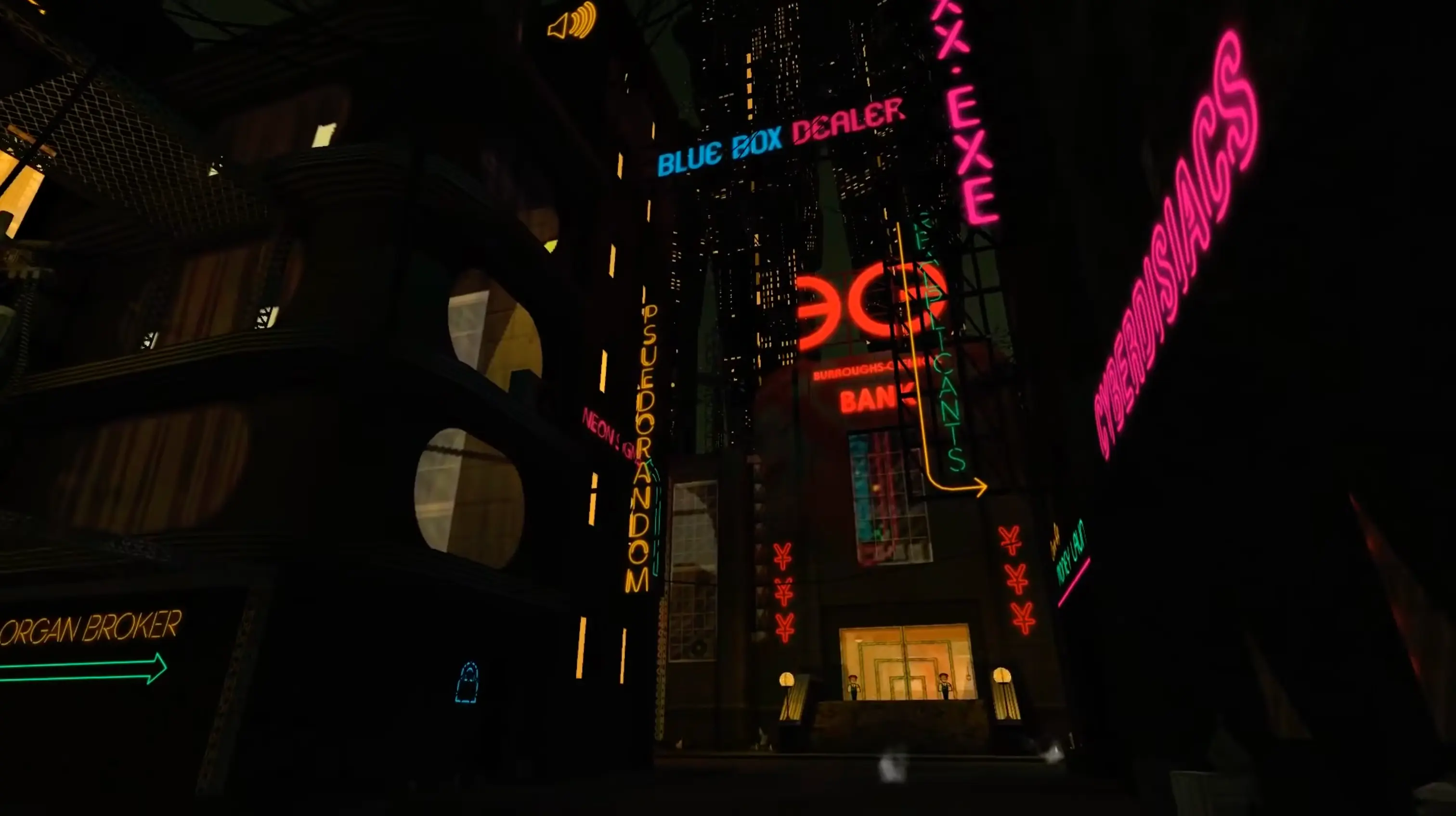 A bustling street in Japanada, showcasing the neon signs, floating cars, and bold pop-art color palette.