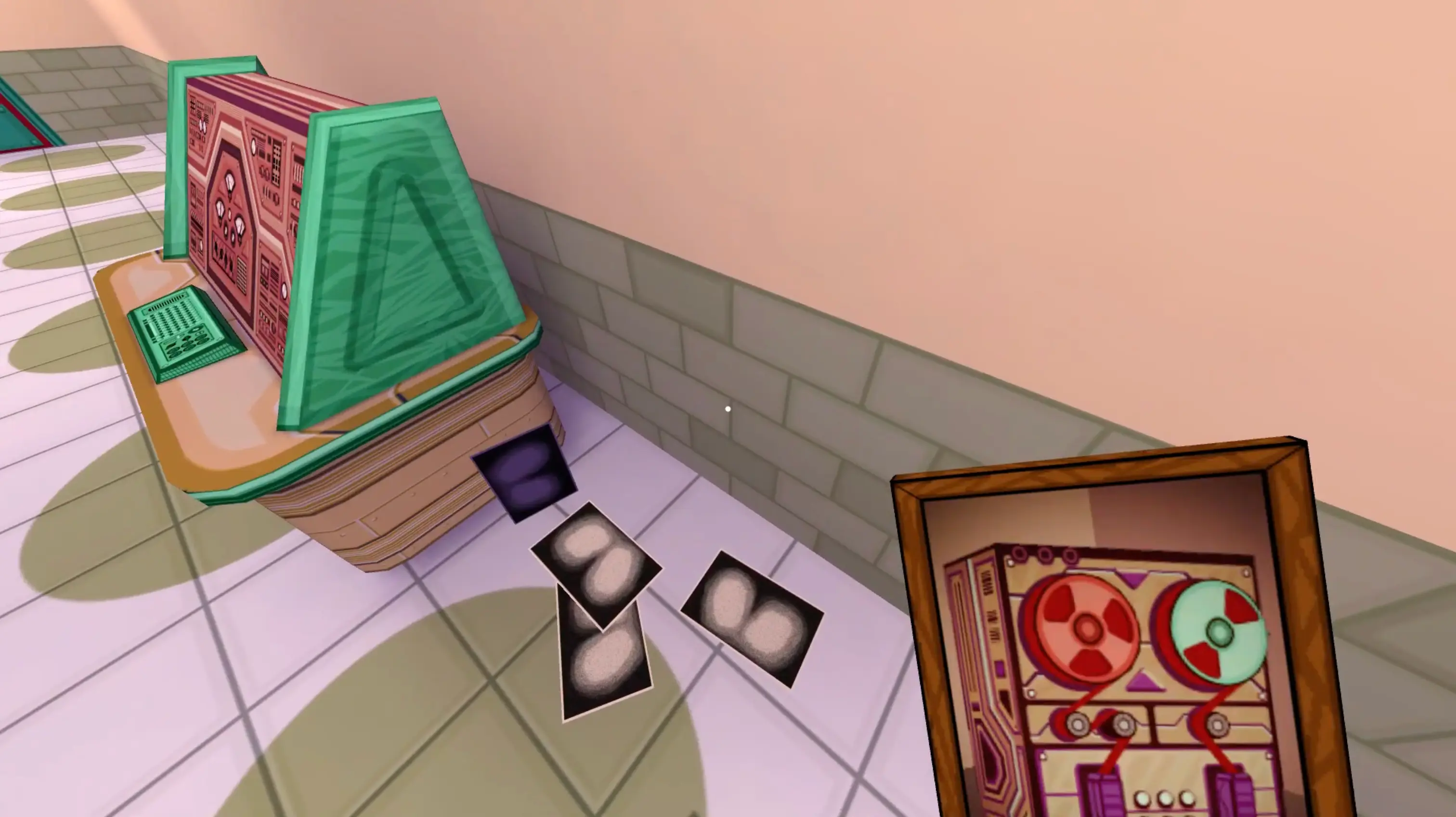 A first-person view of sitting on a glowing office photocopier, producing pixelated, comedic printouts.