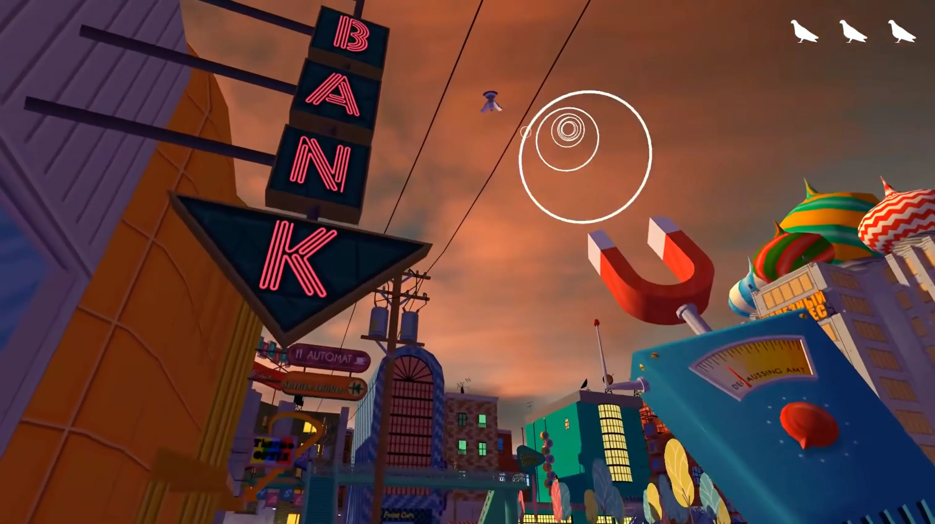 Polyblank aiming a retro-futuristic degaussing device at a flock of robotic pigeons on a neon-lit street.