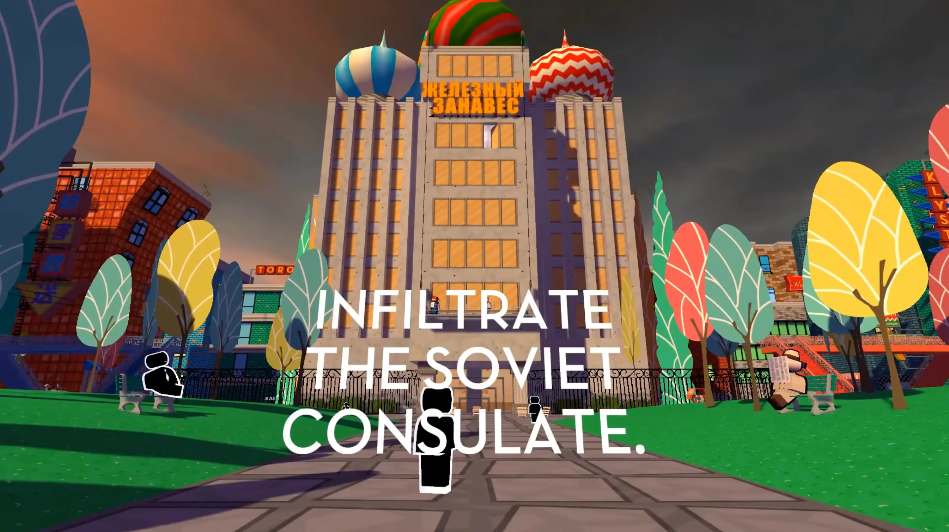 The exterior of the Soviet Consulate mission, featuring harsh brutalist architecture contrasted with bright, colorful signage.