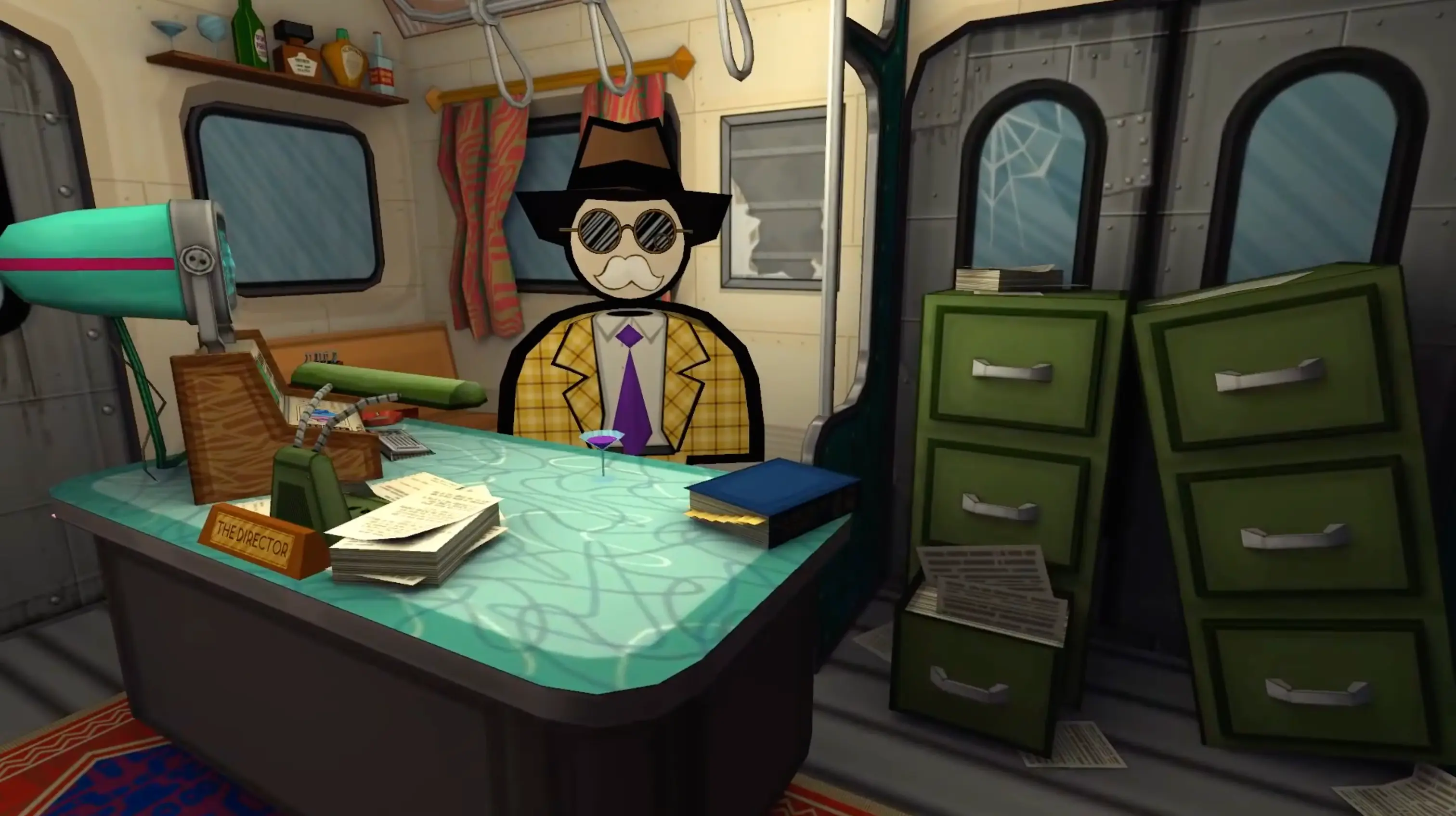 The Director, a man with a martini glass and a severe blocky haircut, standing in the retro-fitted subway station headquarters.
