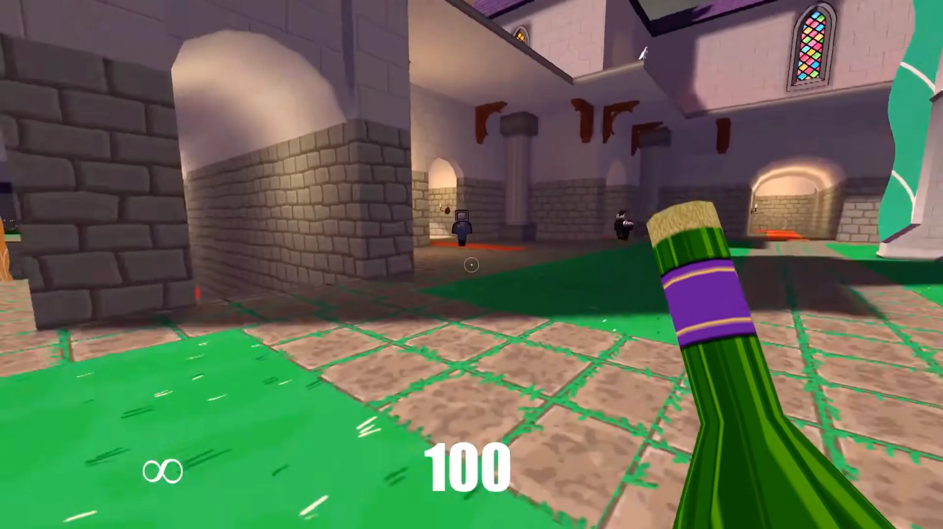 The fast-paced, retro shooter HUD of the 'Wedding Qake' mini-game, showing a player holding a champagne bottle weapon.