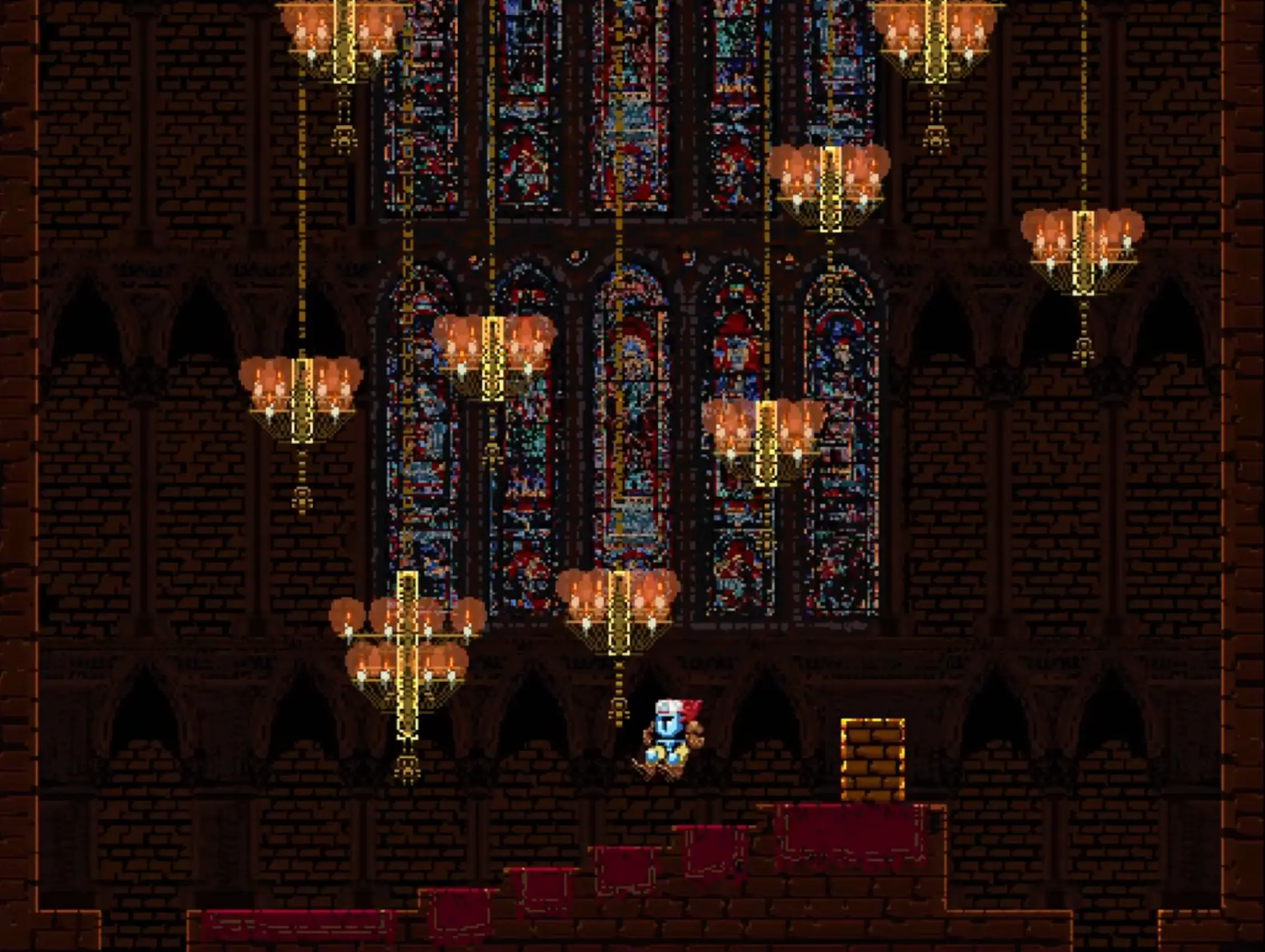 The stunning, ethereal pixel art of the Chapel area, filled with glowing lights and intricate stained glass.