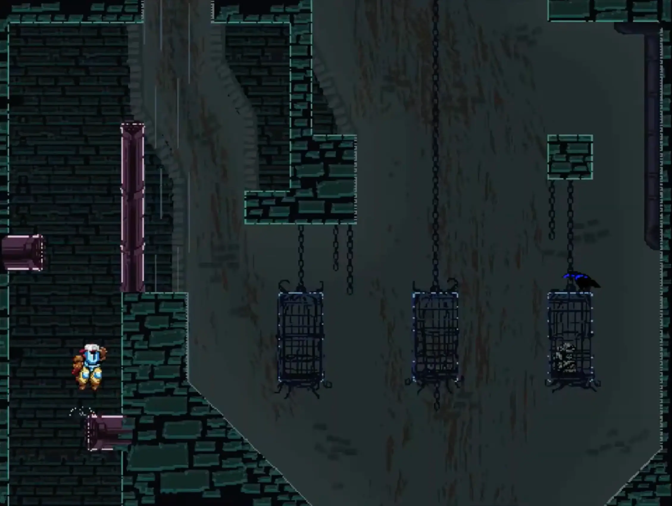 The gloomy, green-tinted area of the Colossal Drain, featuring narrow platforms and treacherous jumps.