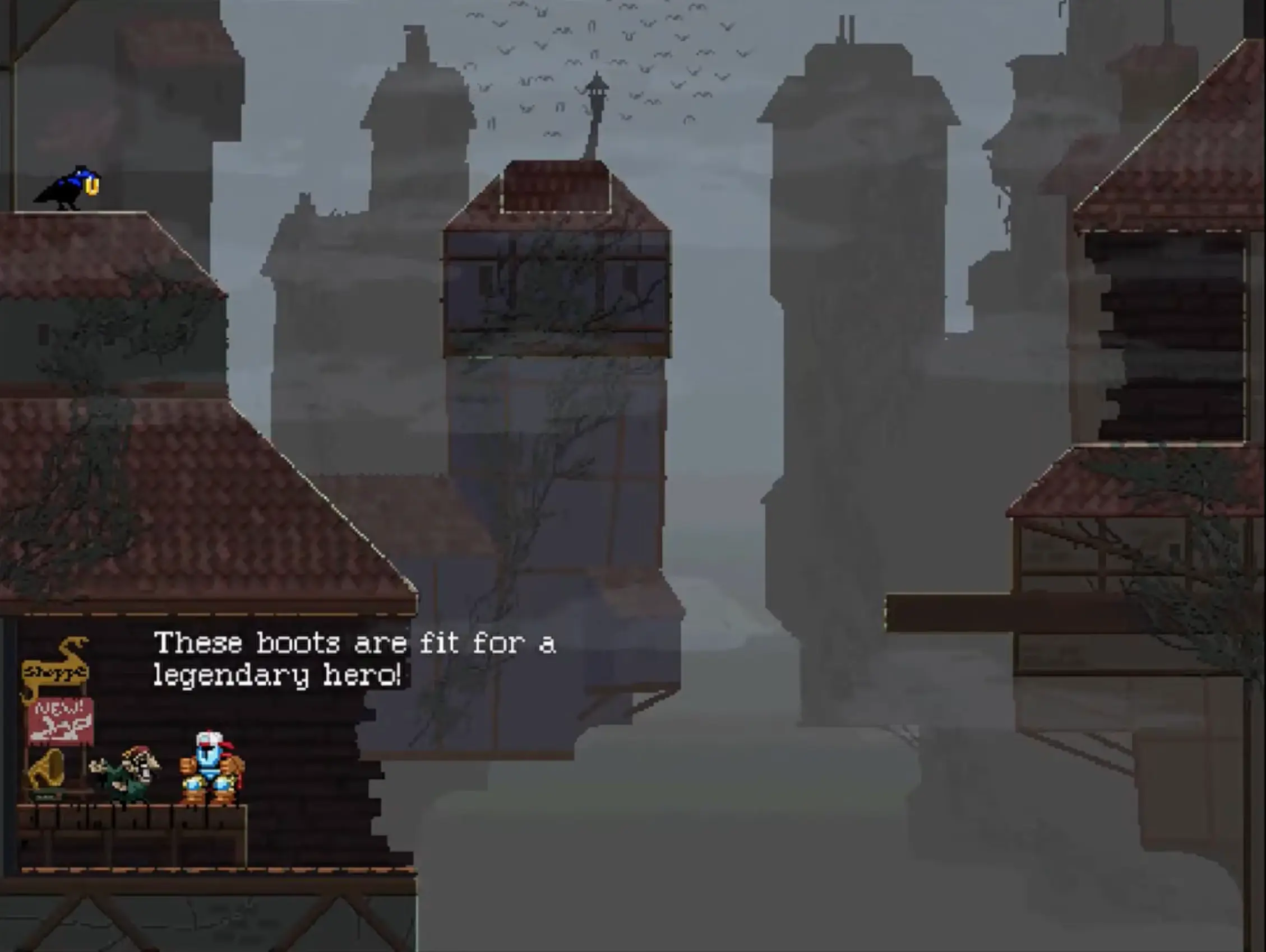 The knight standing next to the bizarre merchant NPC in the Bargainburg area, surrounded by useless wares.