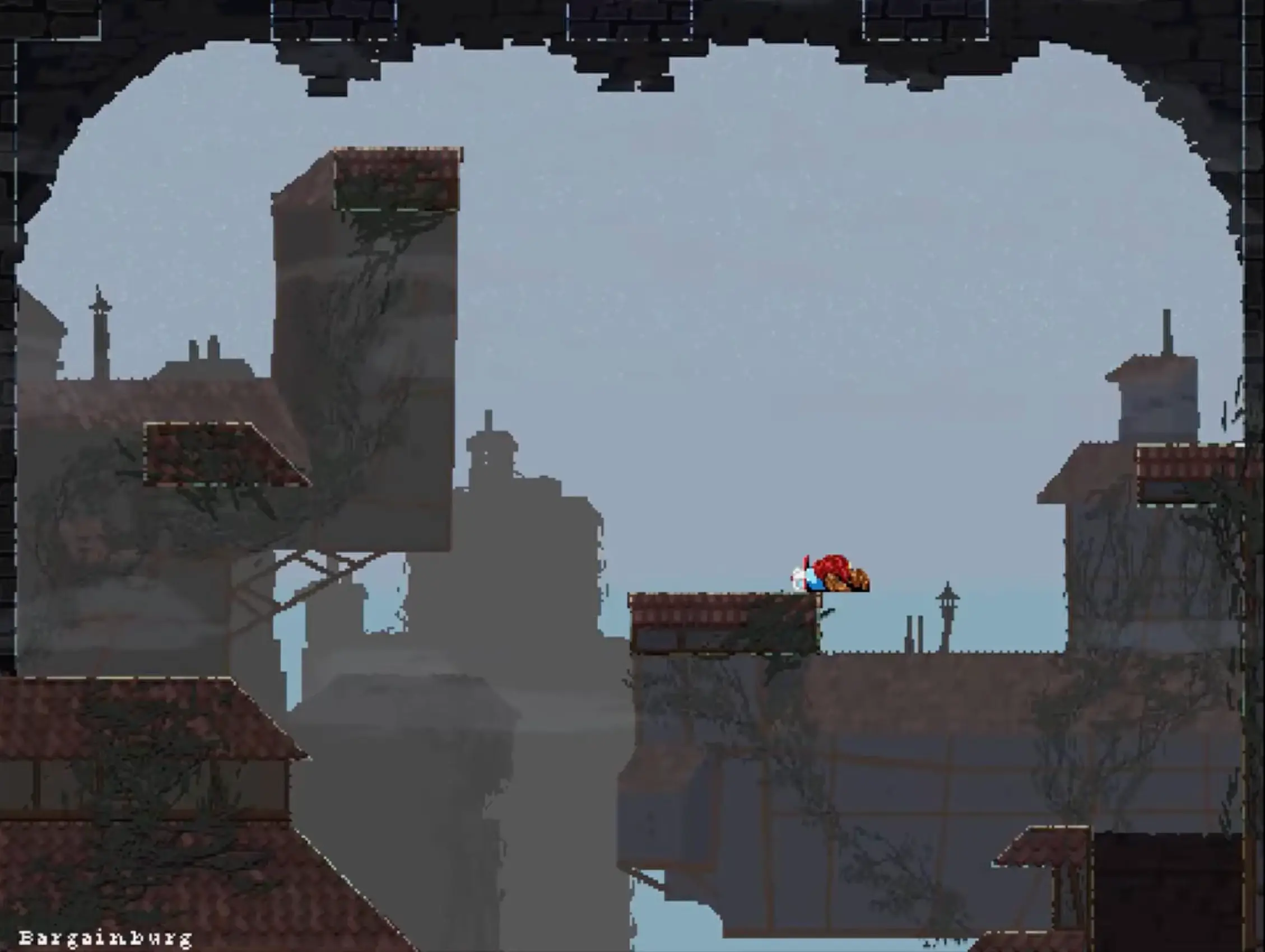 The knight lying face down on the ground after a massive fall, complete with the comedic dust cloud effect.