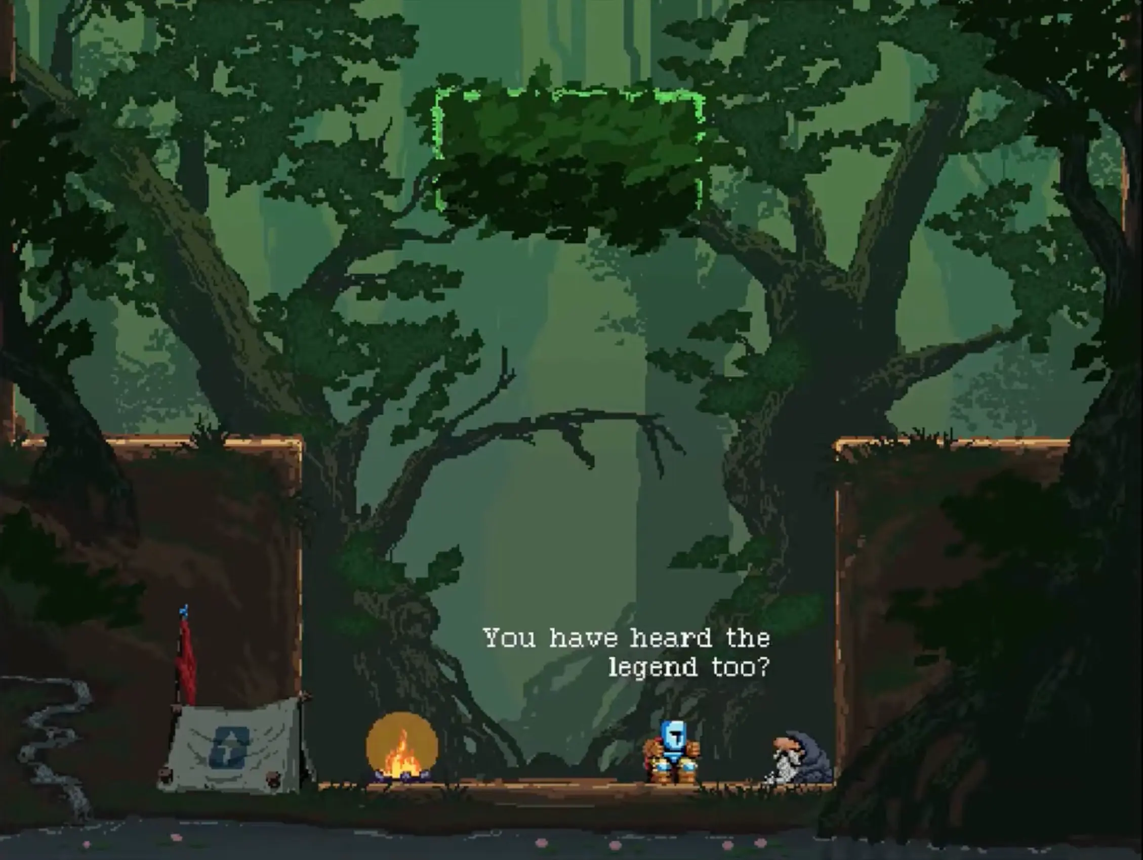The iconic starting area of Jump King, featuring the bulky knight standing next to the old man in the Redcrown Woods.