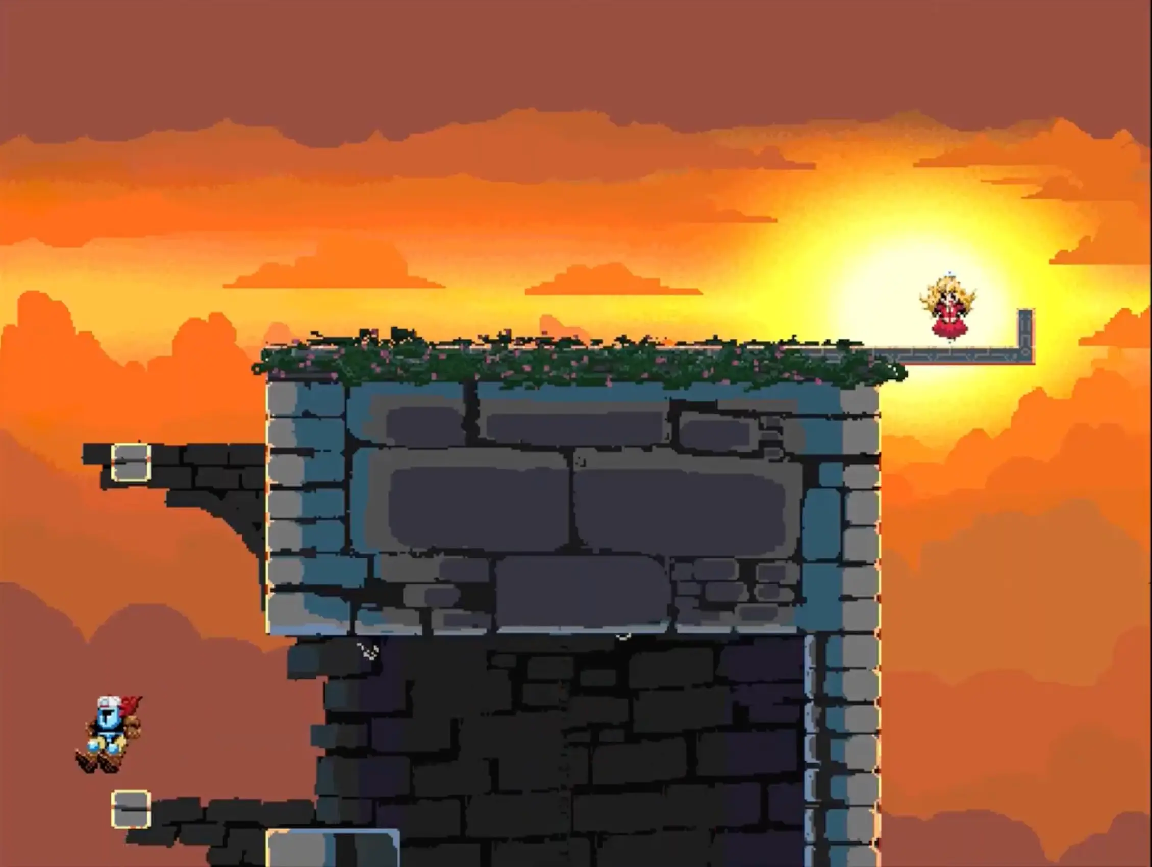 The triumphant final screen of the game, showing the knight finally reaching the top of the world.
