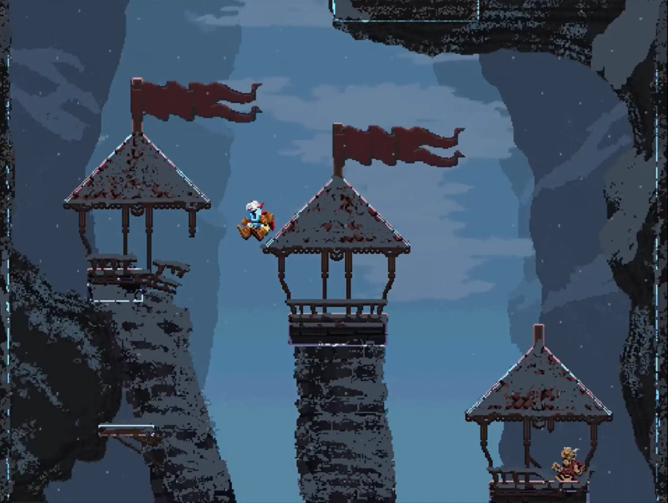 The knight battling against the brutal, horizontal wind mechanics in the snowy upper peaks of the game.