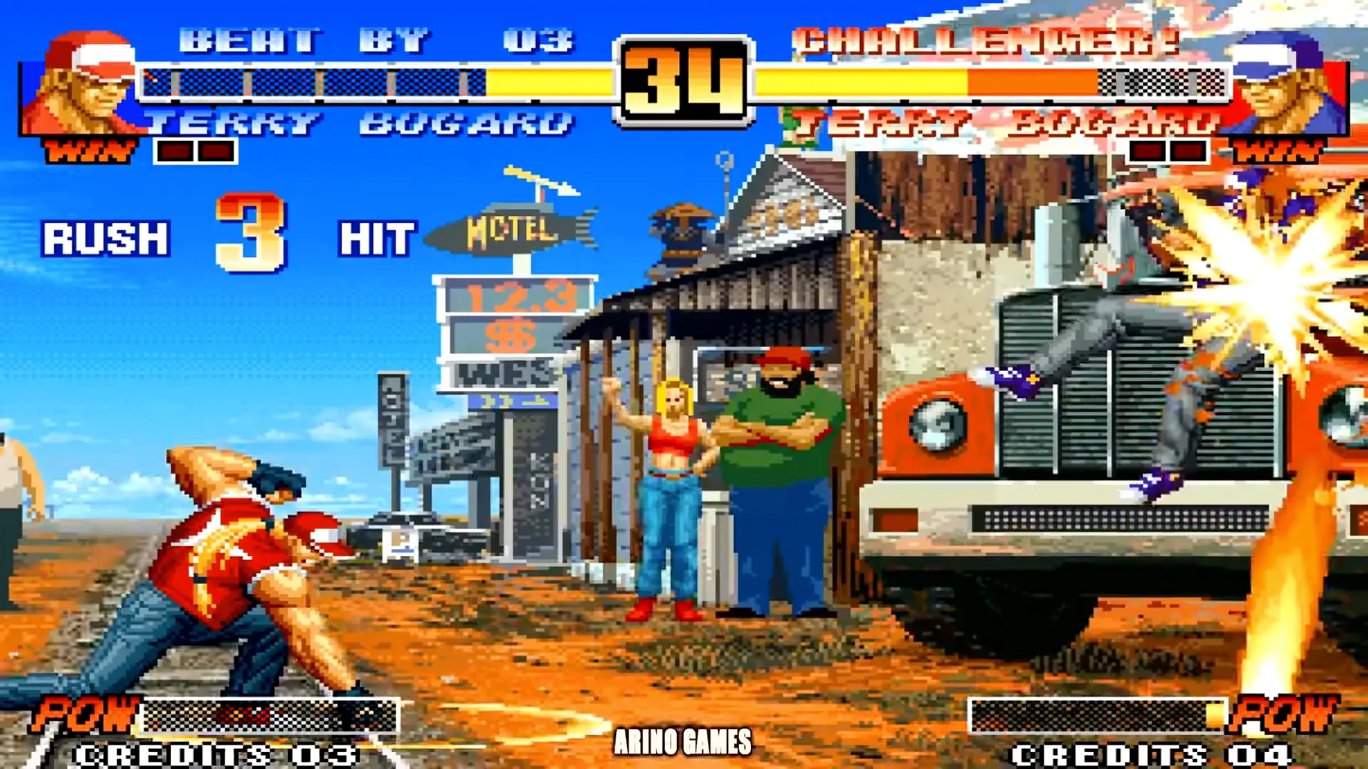 Terry Bogard unleashing a colossal Power Geyser super move, massive waves of energy erupting from the ground to engulf his opponent.
