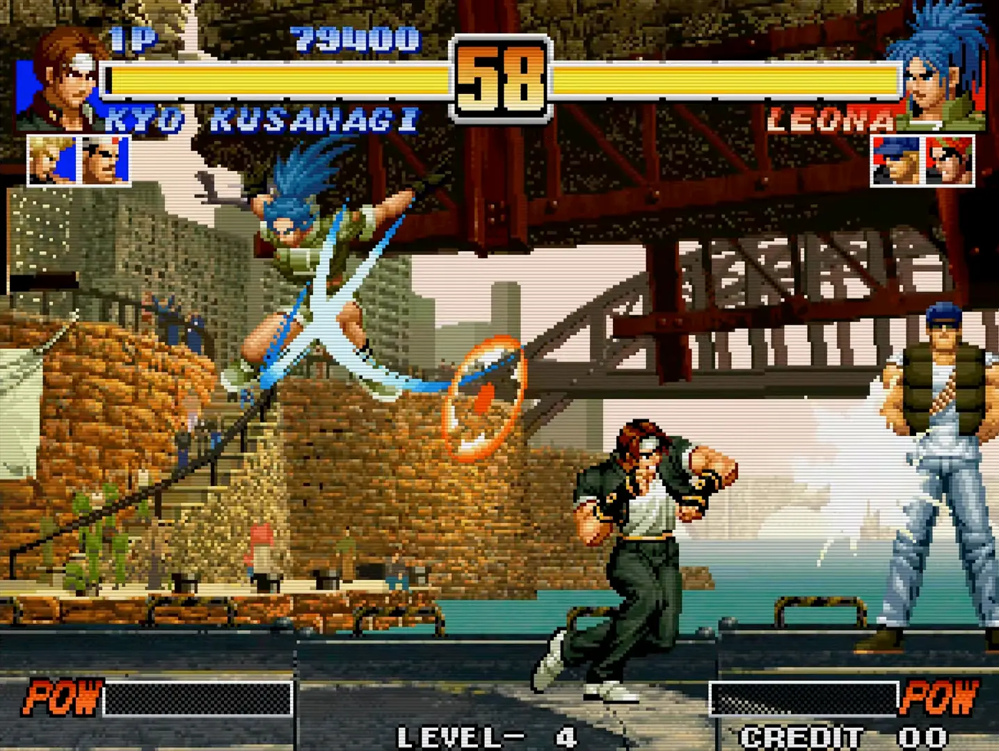Leona Heidern executing a flashing, neon-blue cross-slashing special move, cutting through the screen with military precision.
