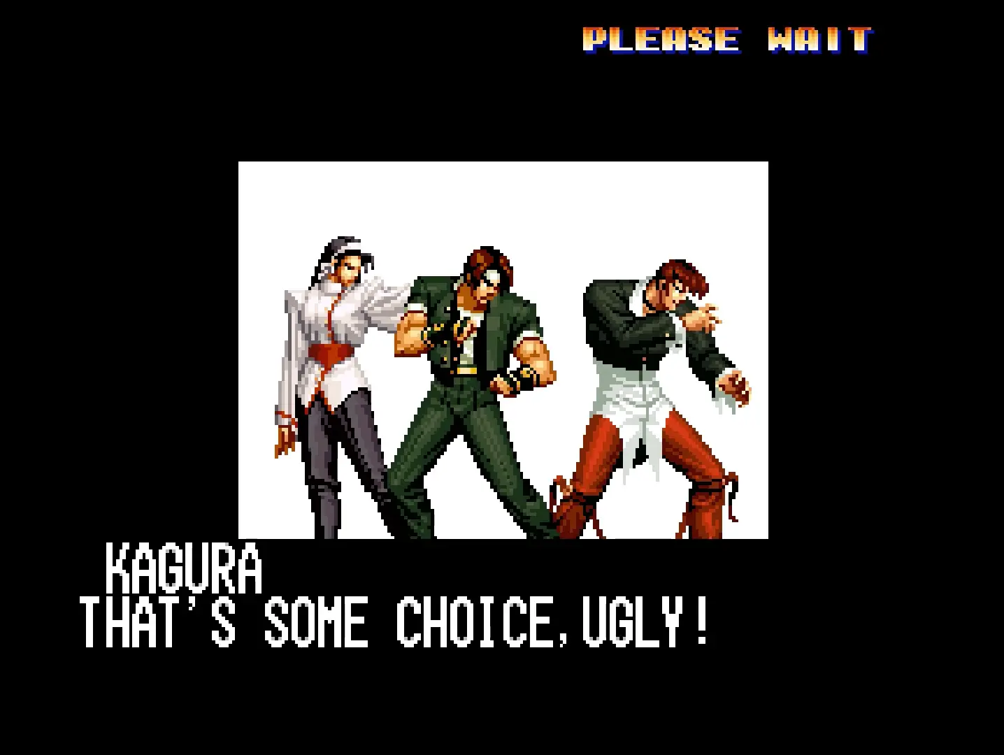Kyo Kusanagi, Iori Yagami, and Chizuru Kagura framed together against a blazing sun, representing the alliance of the Three Sacred Treasures.