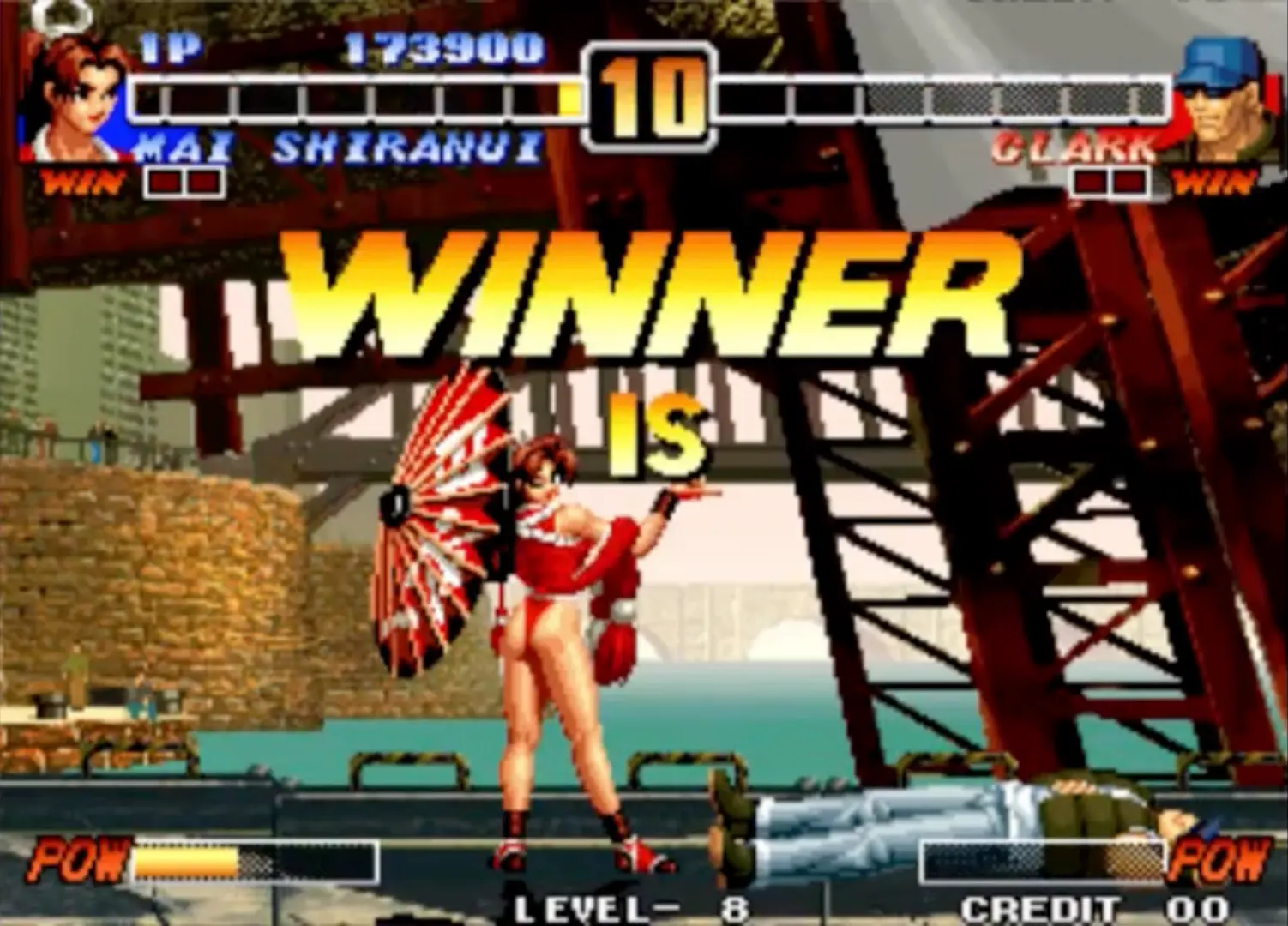 A sleek, meticulously detailed victory portrait of Mai Shiranui drawn by Shinkiro, mirroring her in-game 2D sprite pose.