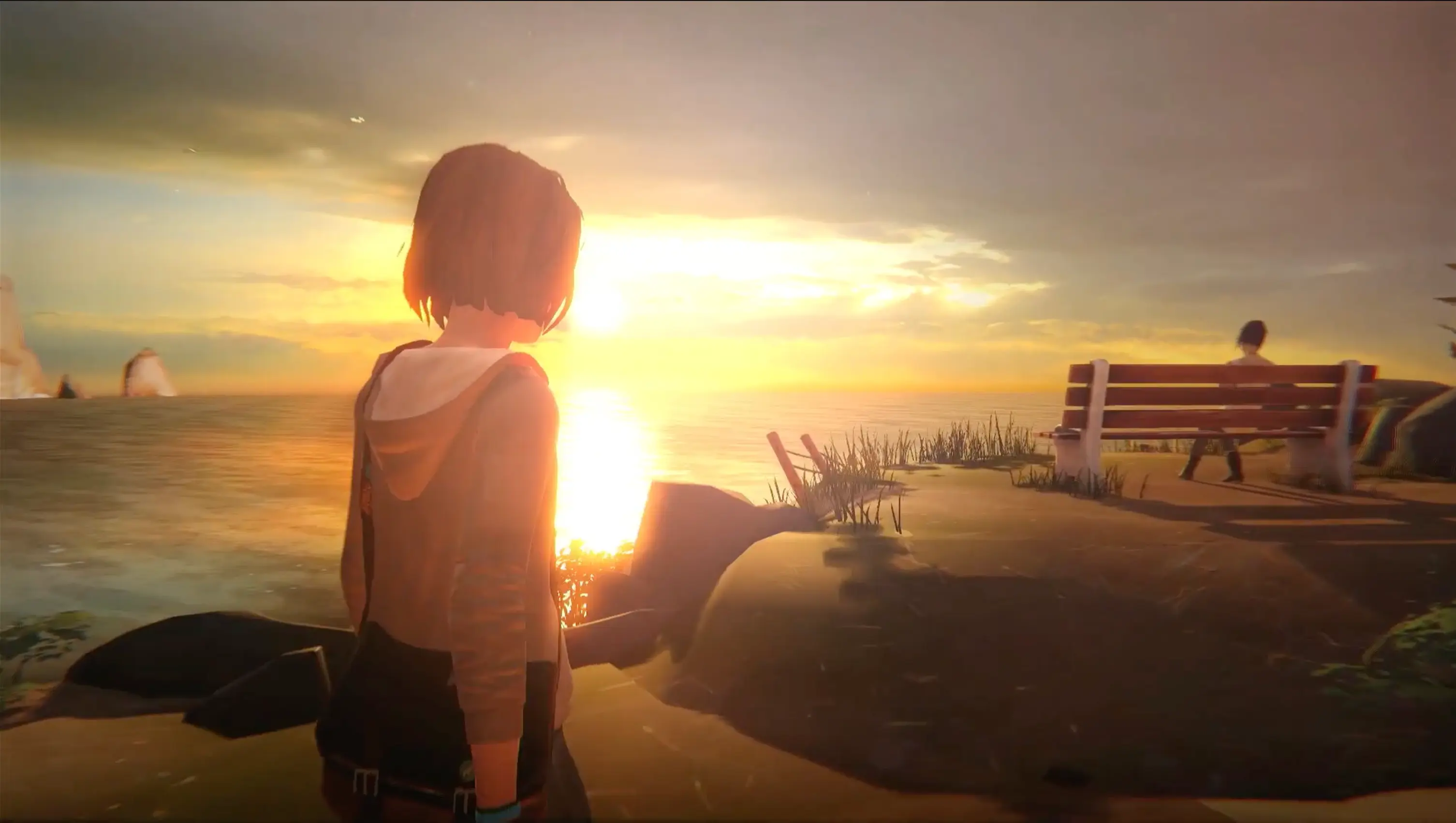 A scenic, golden-hour view of the coastal town of Arcadia Bay.