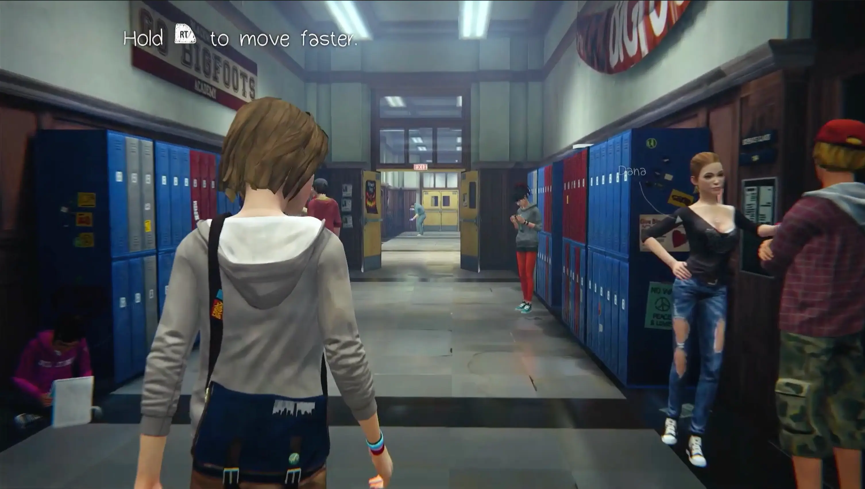 Max walking down the bustling, poster-lined hallways of Blackwell Academy.