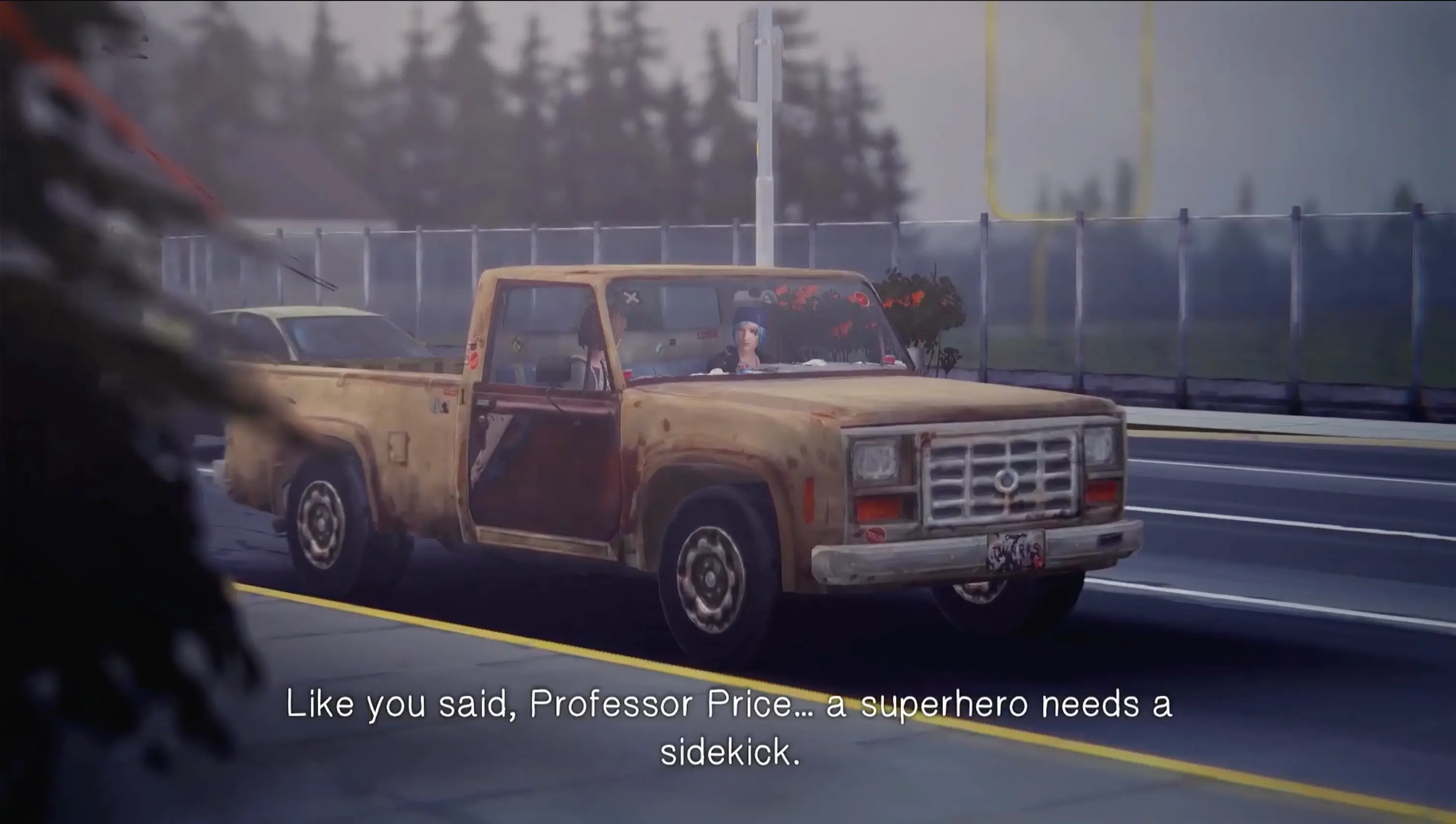 Chloe Price leaning against her beat-up truck, smoking a cigarette.