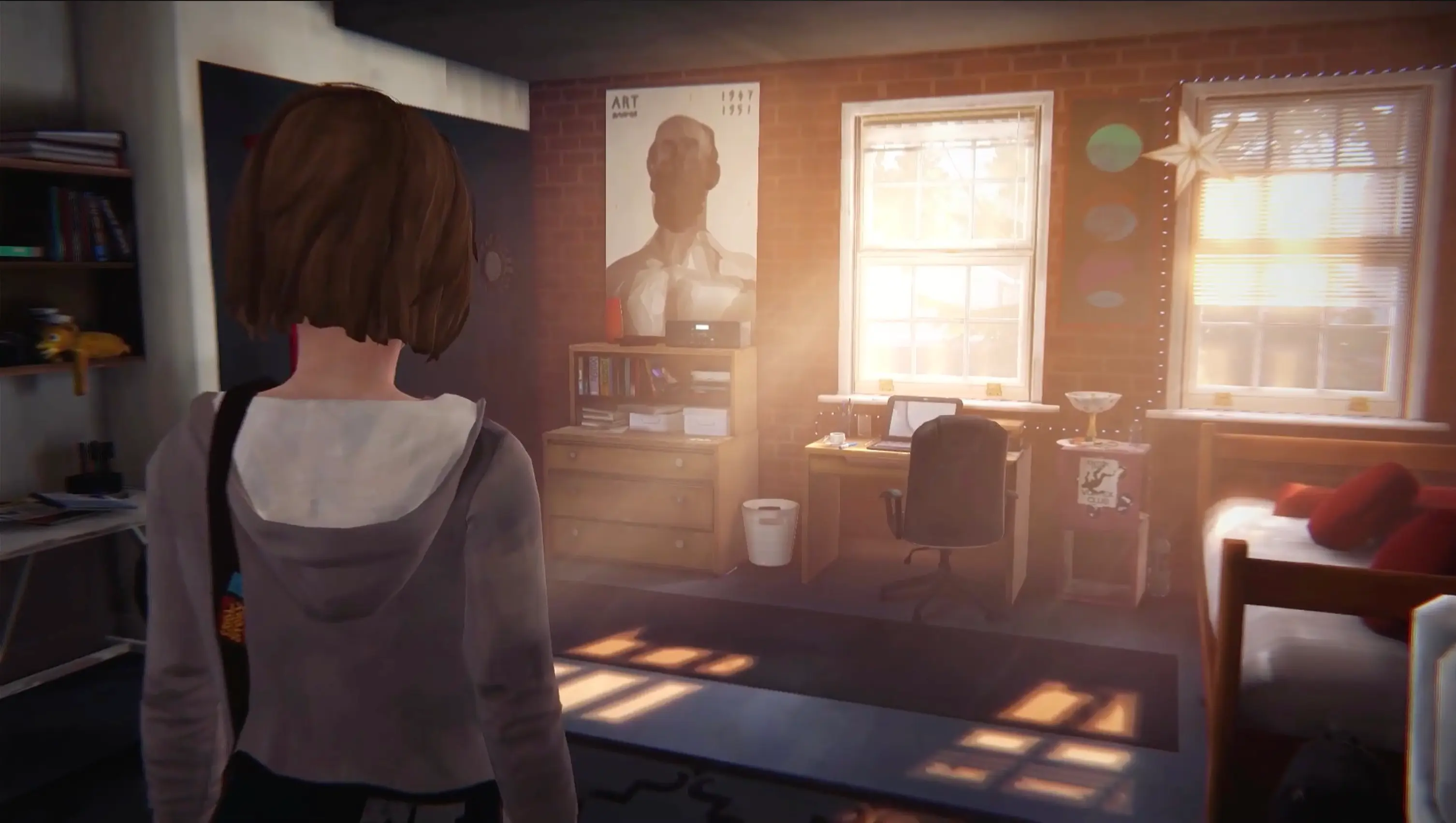 Max sitting in her dorm room, playing guitar as the afternoon sun filters through the window.