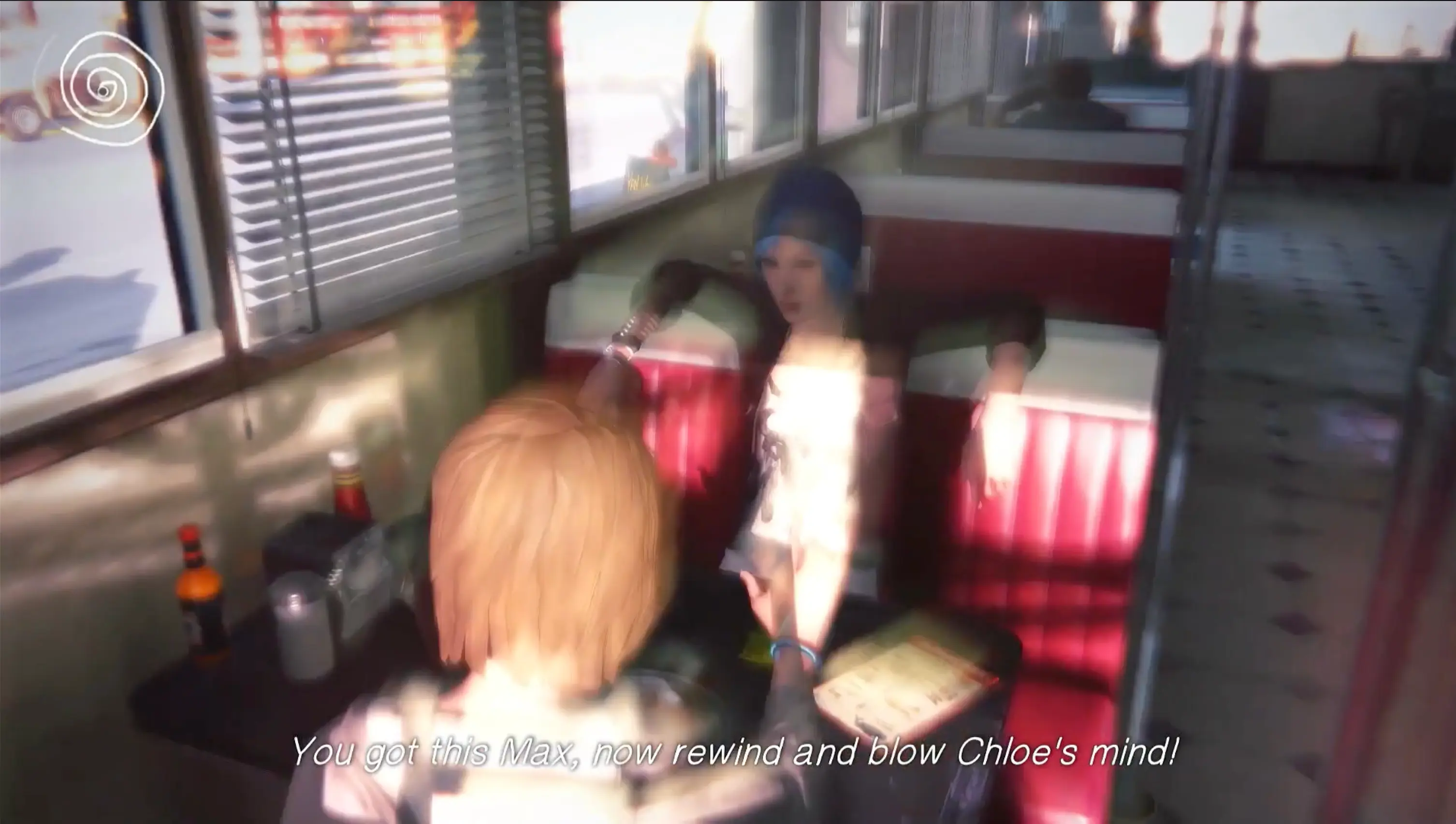 The visual effect of the screen tearing as Max uses her power to rewind time.