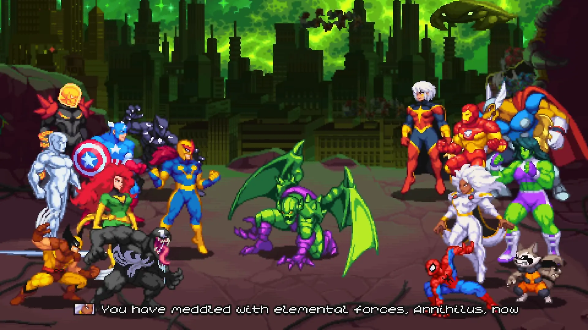 The 15 heroes standing together on the victory screen after defeating Annihilus.