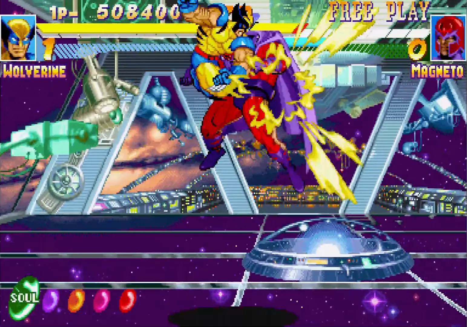 Wolverine launching Magneto into the air and following up with a flurry of adamantium claw slashes high above the ground.