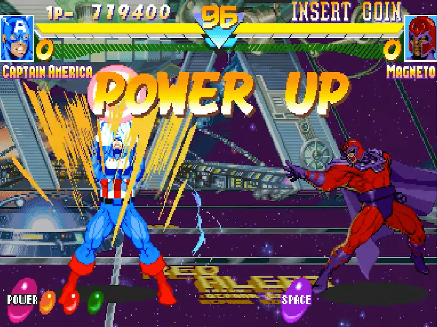 Captain America glowing with the bright pink aura of the Power Gem, preparing to unleash a devastating shield slash.