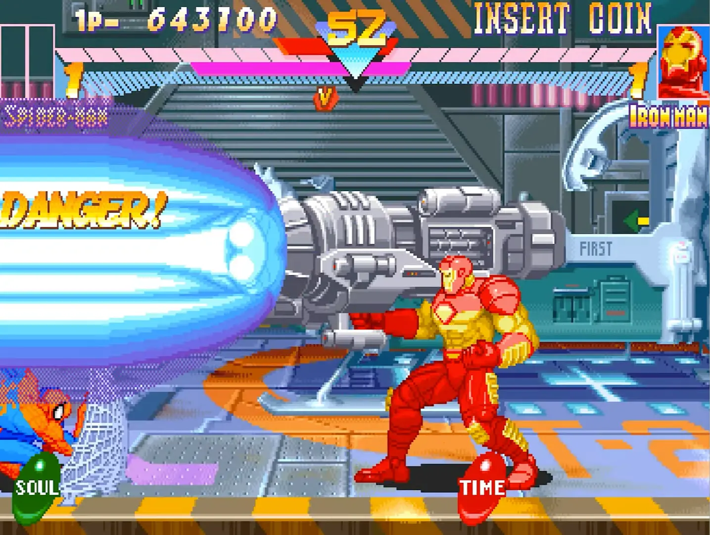 Iron Man firing a massive, screen-filling Uni-Beam attack while hovering above the ground.