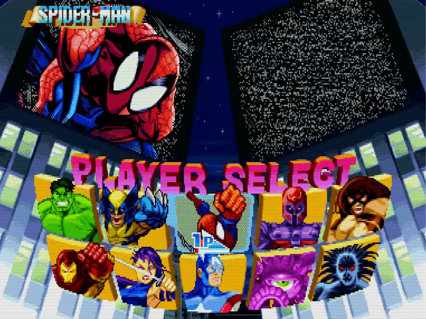 The iconic character select screen of Marvel Super Heroes, featuring vibrant 90s pixel art portraits of Spider-Man, Iron Man, Captain America, and more.