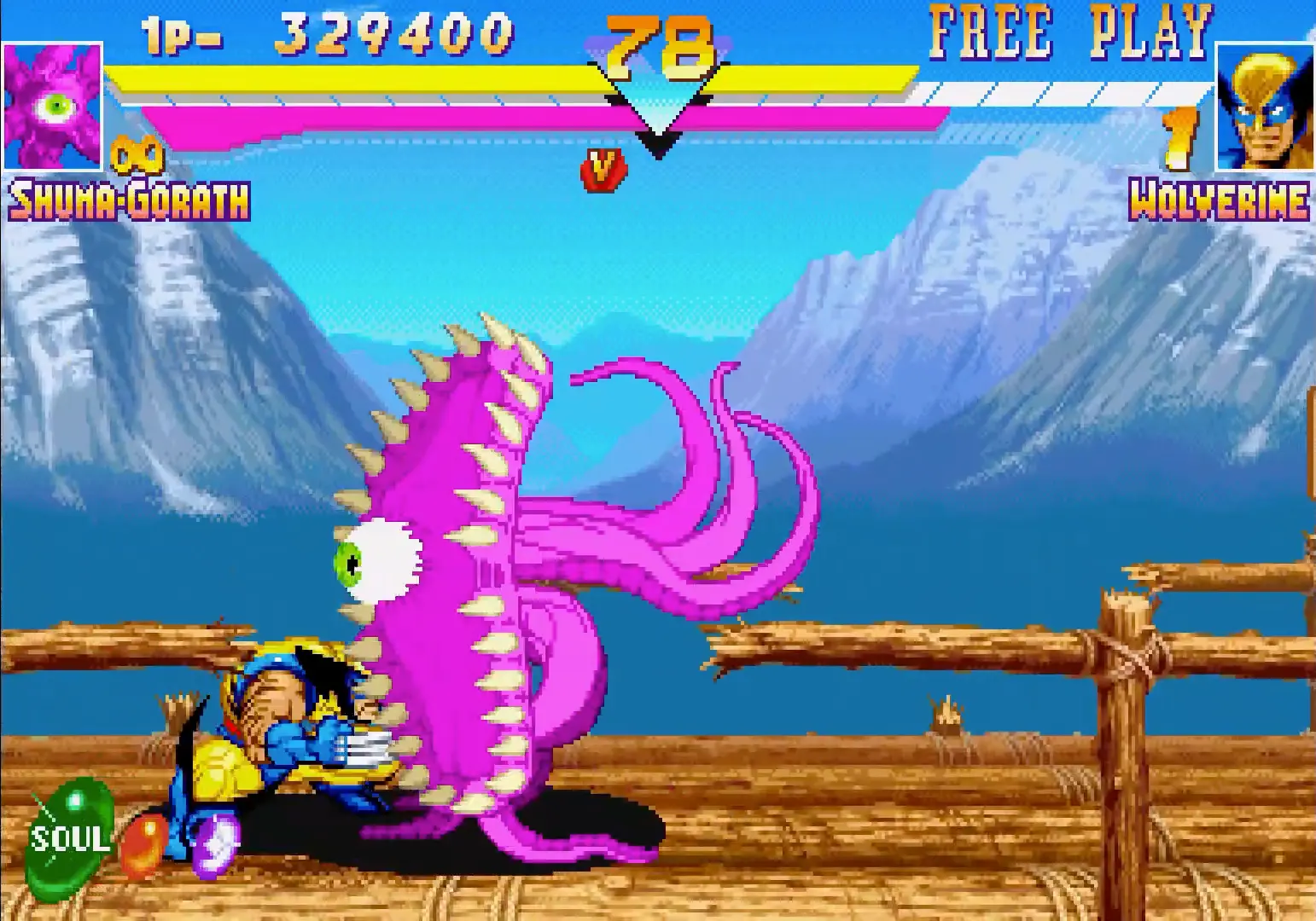 The bizarre, tentacled villain Shuma-Gorath fighting in a chaotic, brightly lit circus stage.