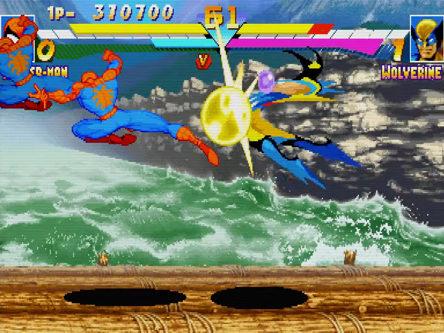 Spider-Man performing his signature web-swing kick against Wolverine in a brightly colored, urban stage.