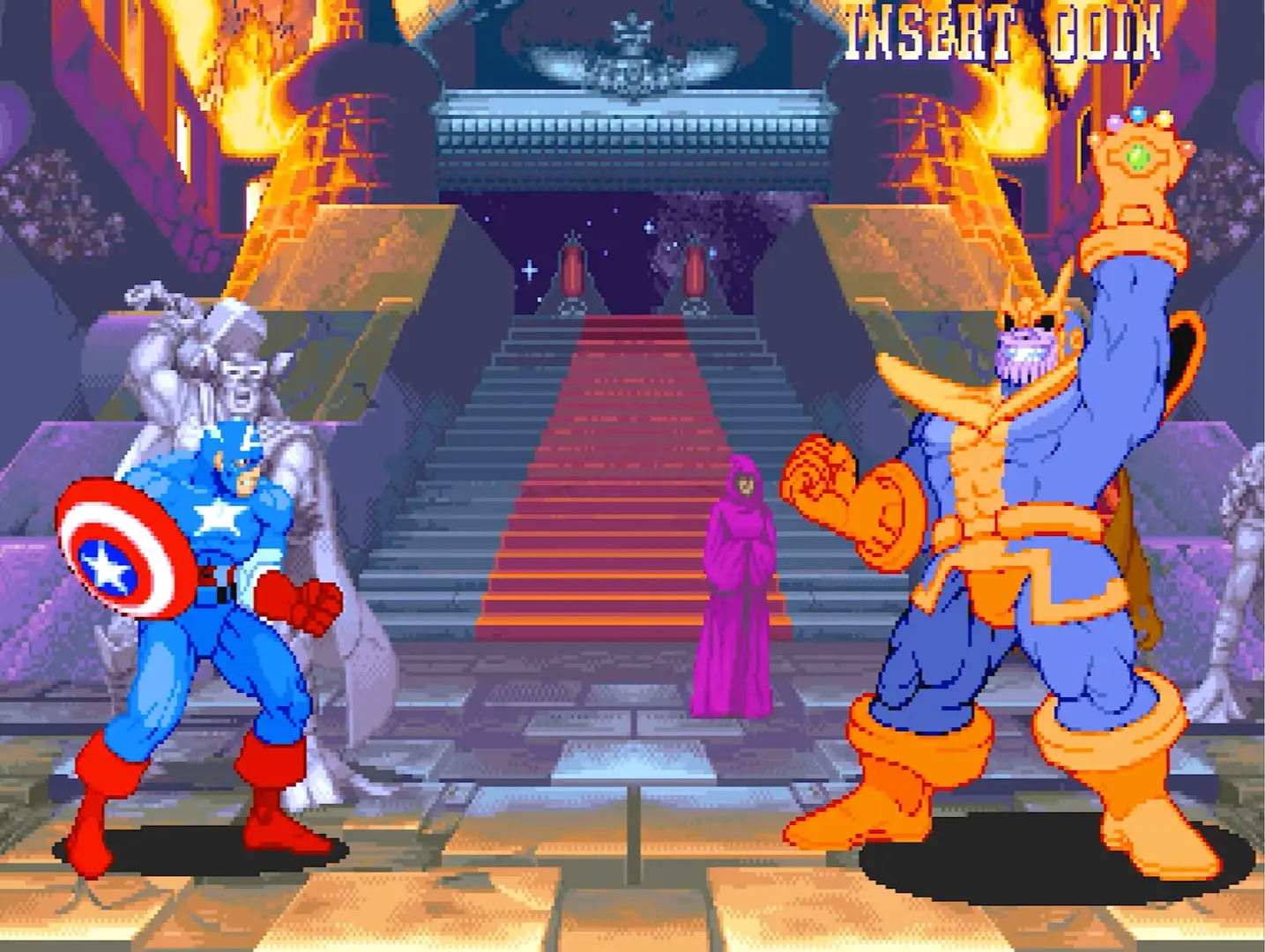 The massive, imposing sprite of Thanos wearing the Infinity Gauntlet, towering over the player in his cosmic throne room.