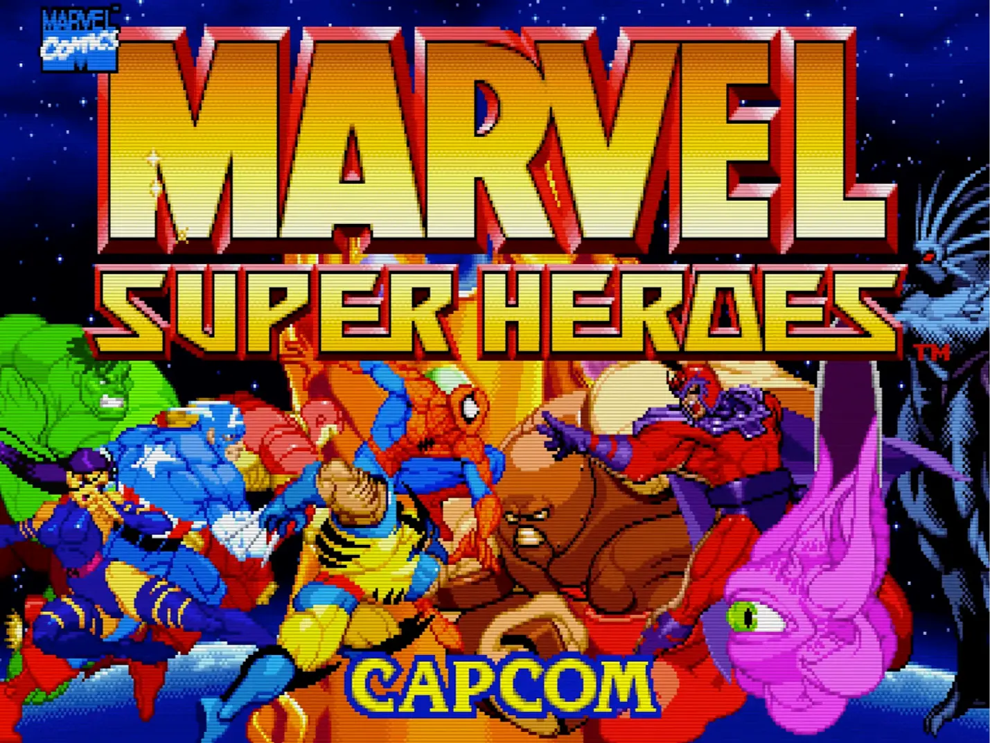 The classic, bold title screen of Marvel Super Heroes, featuring the comic book font and Capcom logo.