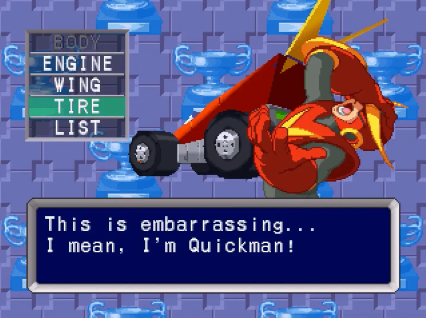 A shot of the classic Robot Masters Quick Man — standing next to his wildly different customized karts after losing