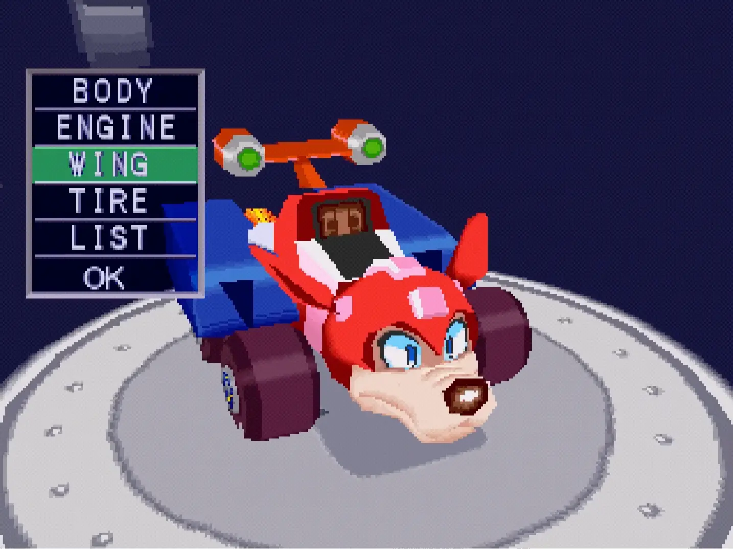 The garage customization screen, showing the Rush Roadster equipped with bulky, mismatched tires stolen from Shadowman.